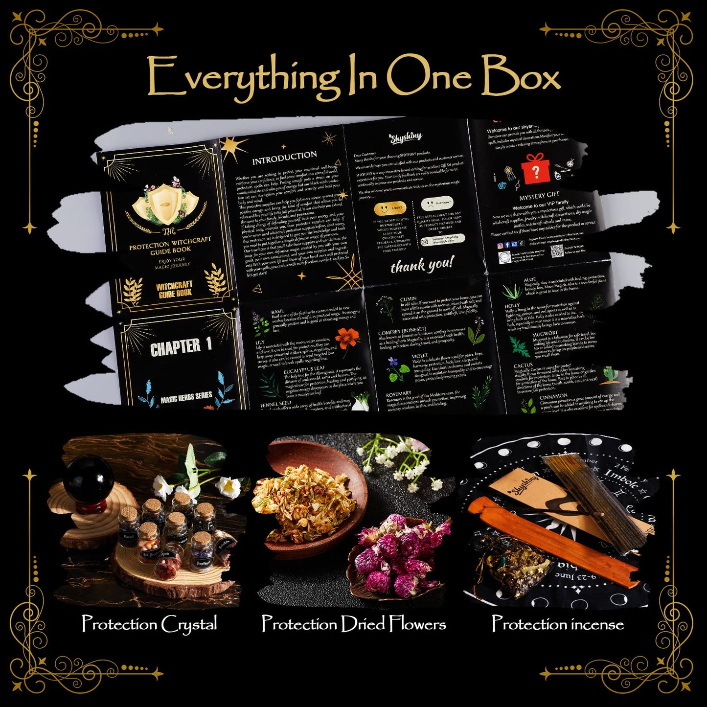 SHYSHINY Wiccan Supplies and Tools for Protection, 130Pack Witchcraft Supplies Witchy Gift for Beginners, Dried Herbs, Crystals, Candles, Witch Starter Spell Kit