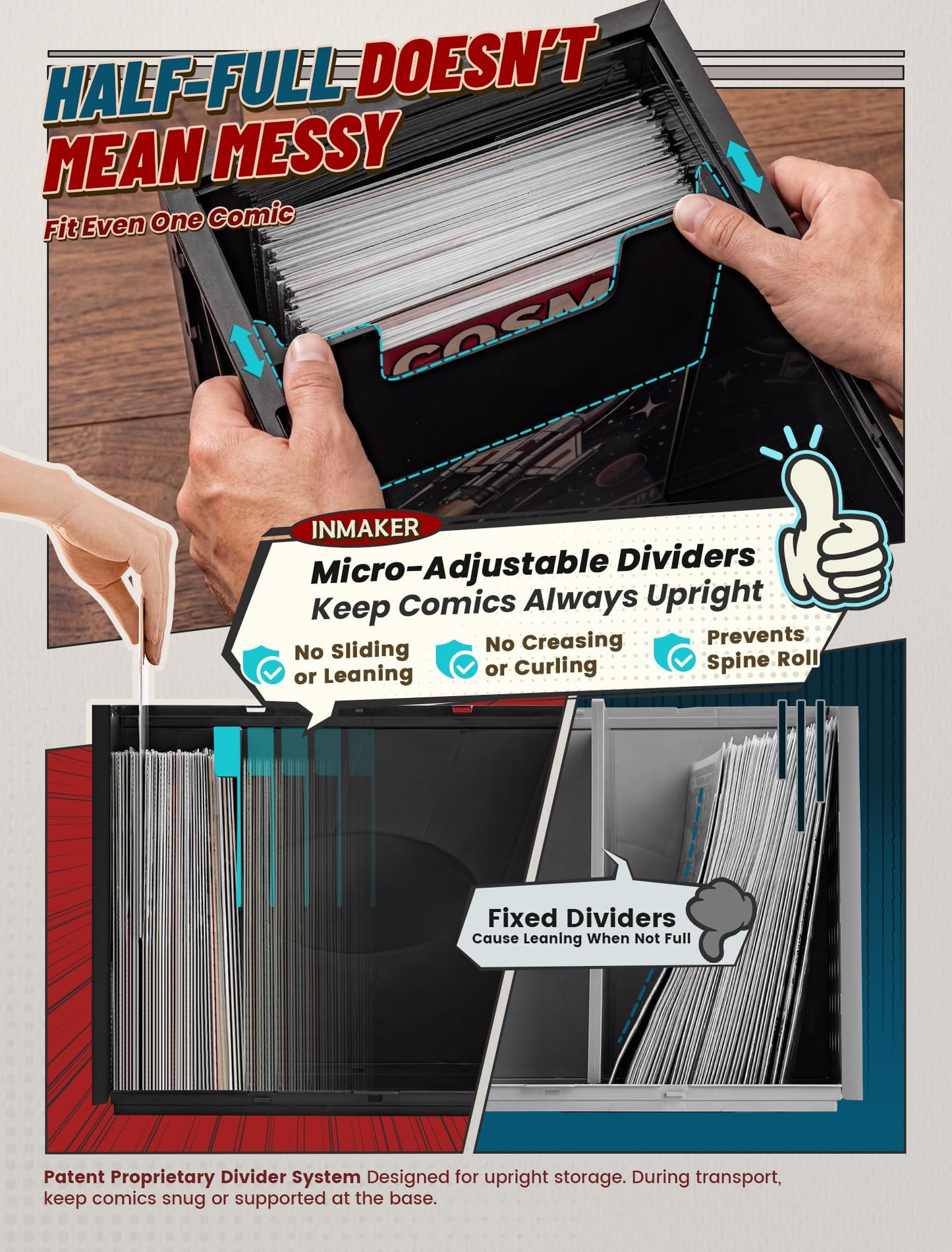 INMAKER Comic Book Storage Box, Holds Up to 150 Comics, Acid Free Plastic Book Bin with 2 Adjustable Dividers (Matte Black)