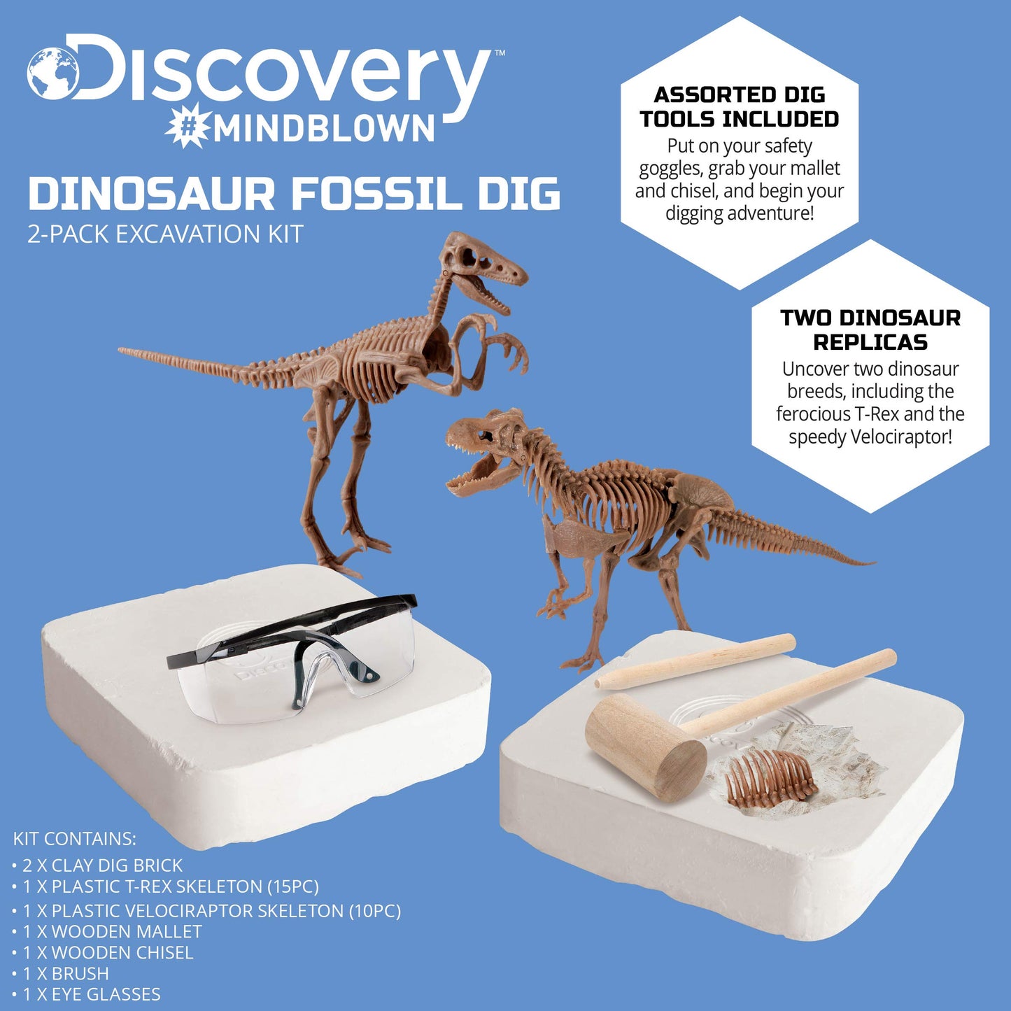 Discovery #MINDBLOWN Dinosaur Fossil Dig Excavation Kit, 15-Piece T-Rex & 10-Piece Velociraptor, 3D Skeleton Puzzle Display Models, Includes Tools & Safety Glasses, Jurassic Dino Toy for Kids