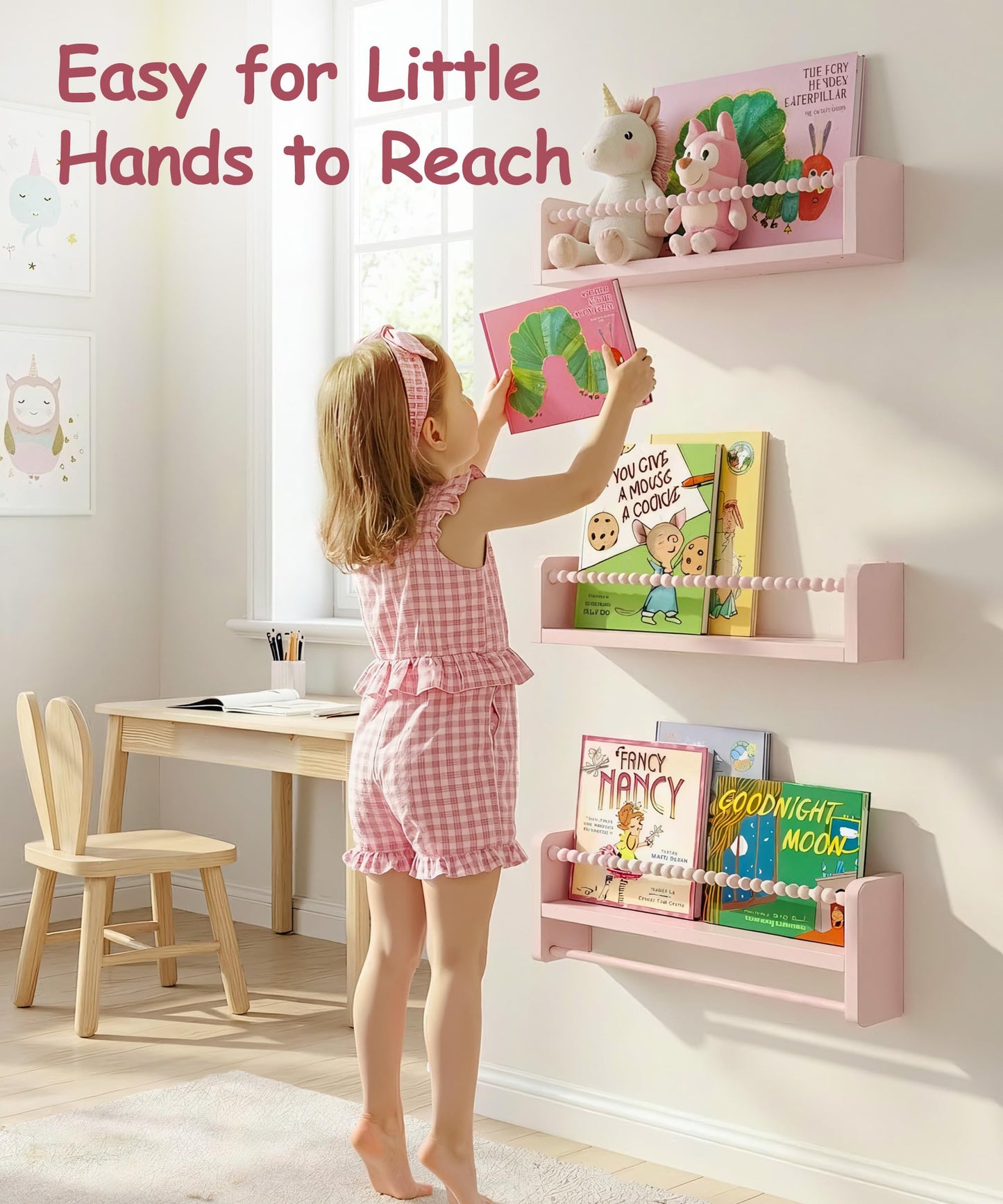 Mazjoaru Nursery Book Shelves for Wall Set of 3, Pink Natural Wood Bookshelf Wall Decor, Small Floating Shelf Organizer for Kids Room, Bedroom, Kitchen Spice Rack