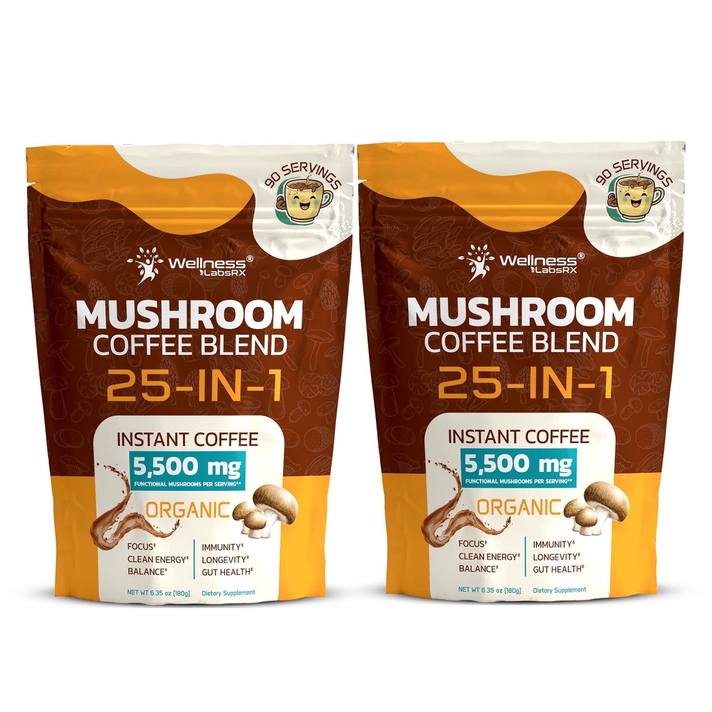 Mushroom Coffee Organic Instant Coffee, 25-in-1, Third-Party Tested Keto Friendly Lions Mane Supplement with Functional Mushrooms – Shiitake, Reishi, Lion’s Mane & More | Smooth, Rich Flavor - 90 Servings (Pack of 2)