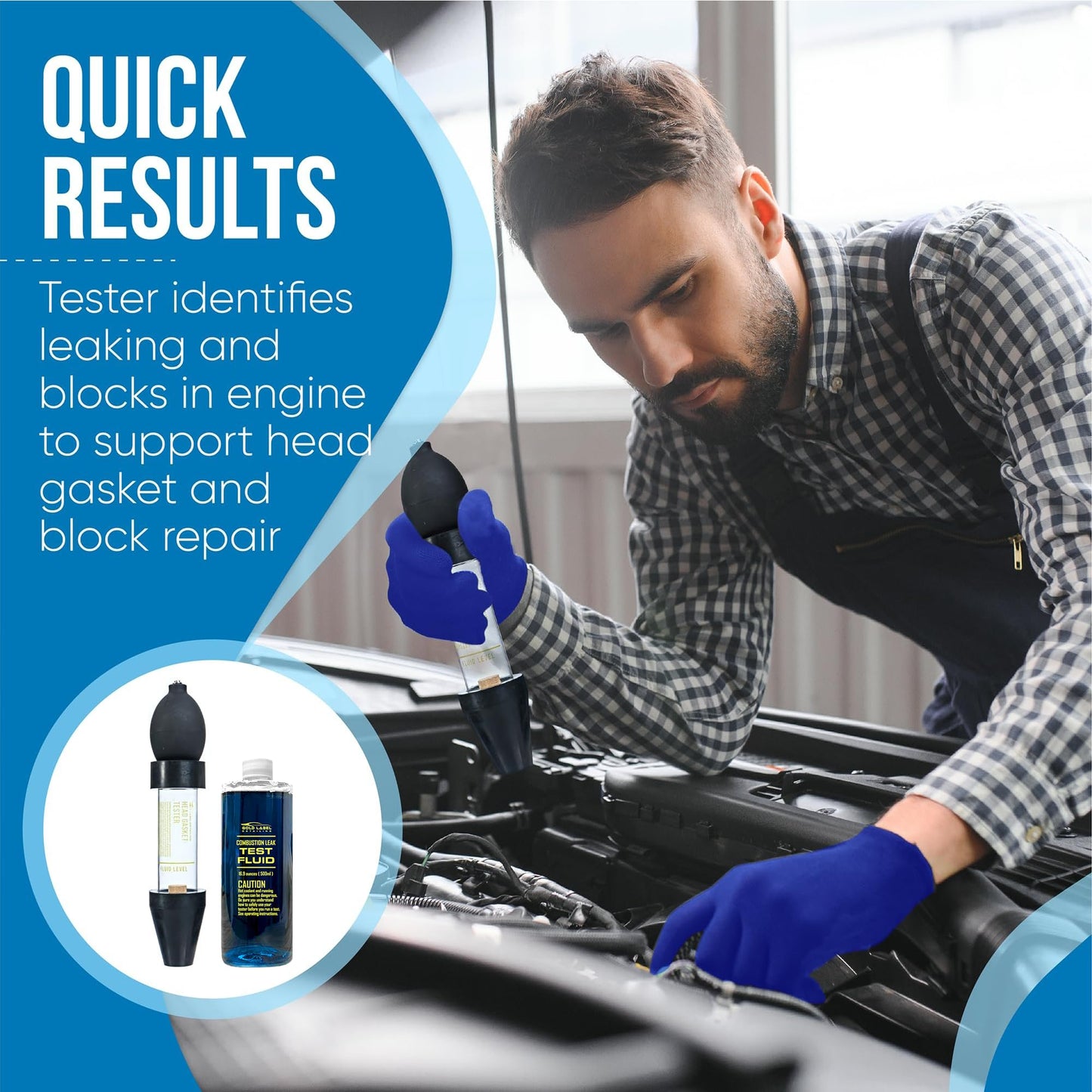 Gold Label Detailing Combustion Leak Detector Kit - 100+ Tests Automotive Engine Block and Head Gasket Tester, Ideal for Detecting Blown Gaskets (Tester with 16.9oz Fluid)