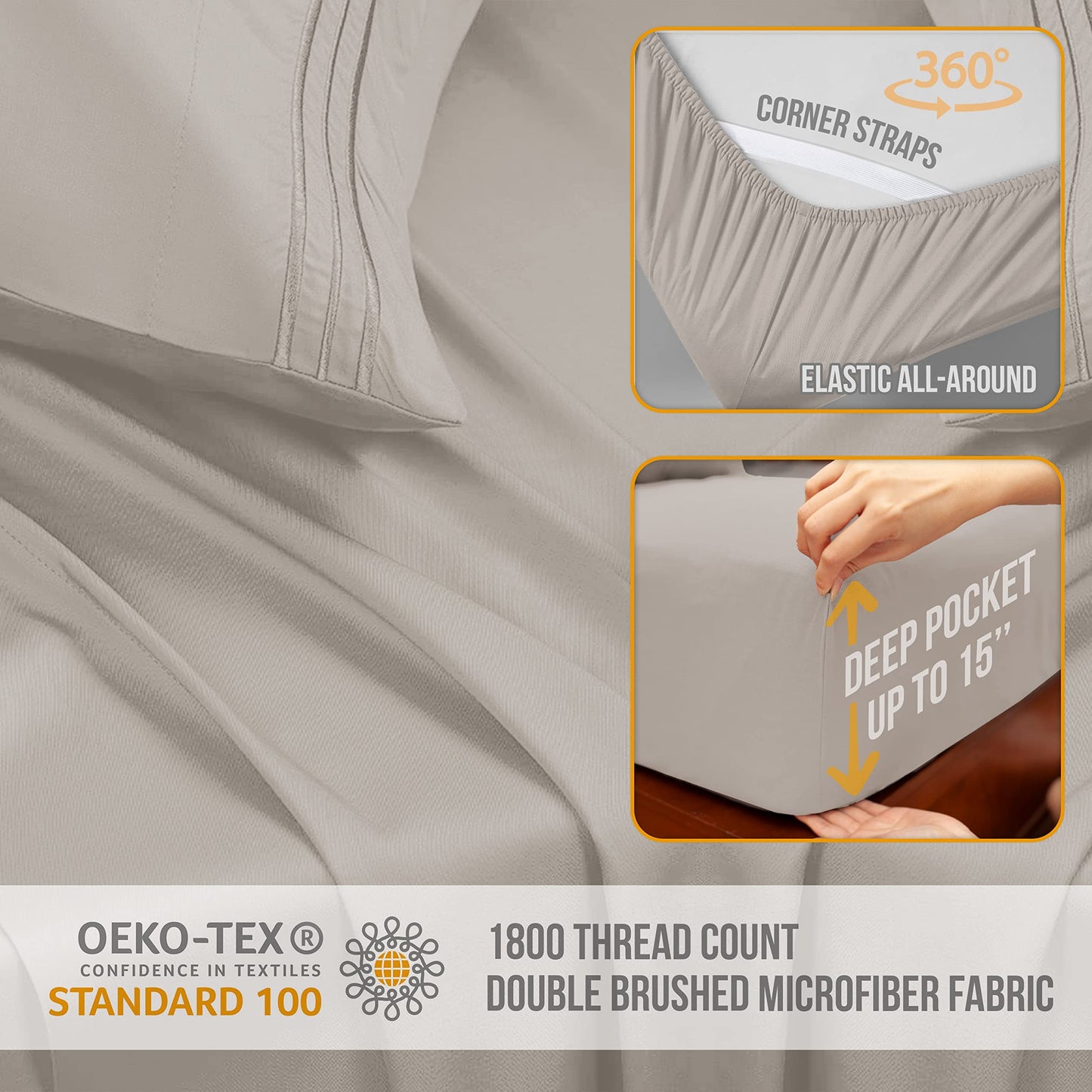 Abeero Home King Size Sheets Set Cooling - Luxury Hotel Sheets - Soft Bed Sheet with Elastic Corner Straps - Deep Pockets Microfiber Bedsheet - Bedding Sheet & Pillowcases - 4 Piece (King, Beige)