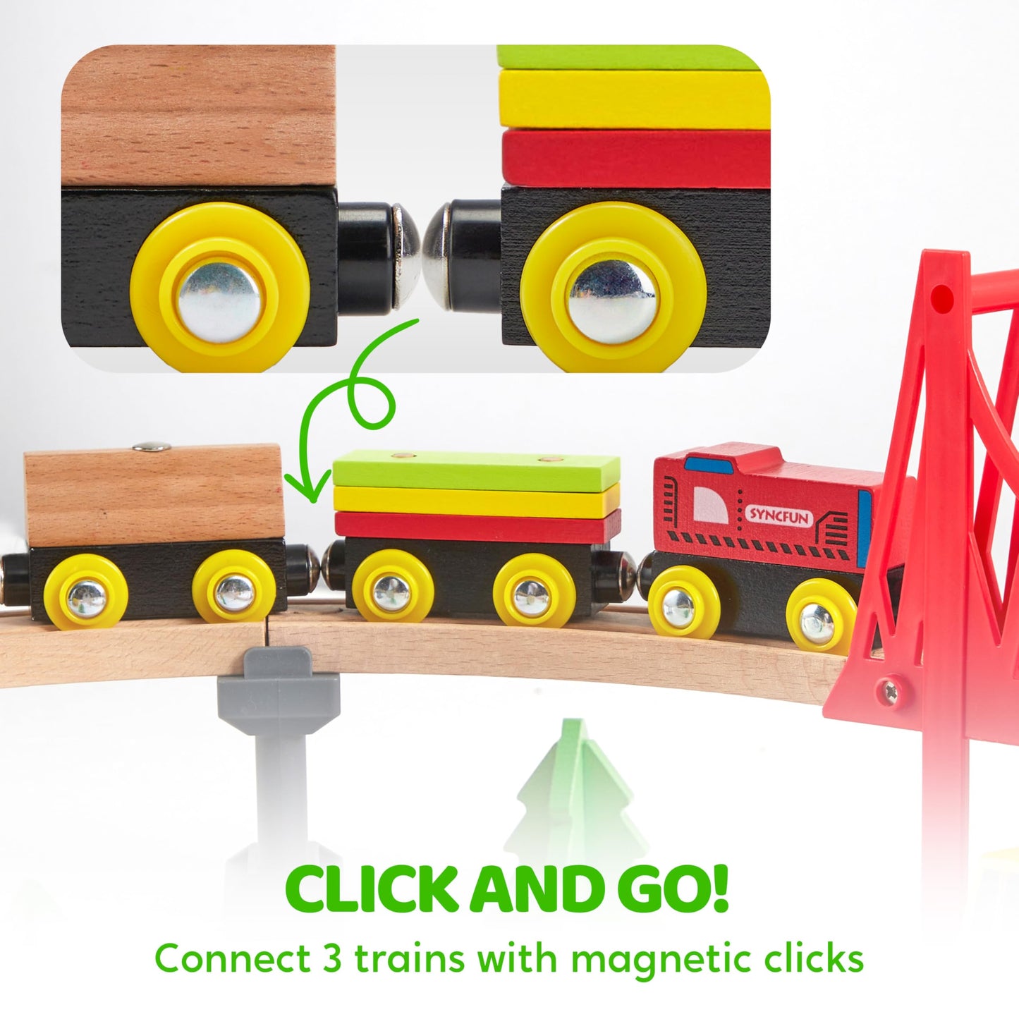 60PCS Wooden Train Set - Construction Express, Engineering Railway with Magnetic Crane, Trains & Accessories, Perfect Christmas Birthday Party Toy Gift for Kids Toddlers Boys Girls Ages 2-8