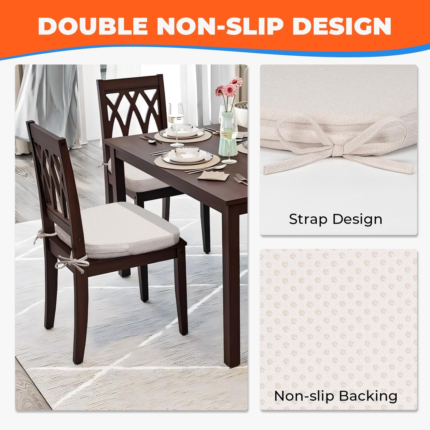 Sunsleek 4 Pack 17'' x 16'' Chair Cushions, 2" Thick Dining Chair Pads with Ties and Removable Washable Cover, Seat Cushion for Kitchen Chairs, Indoor Dining Room, Patio Chairs, Beige