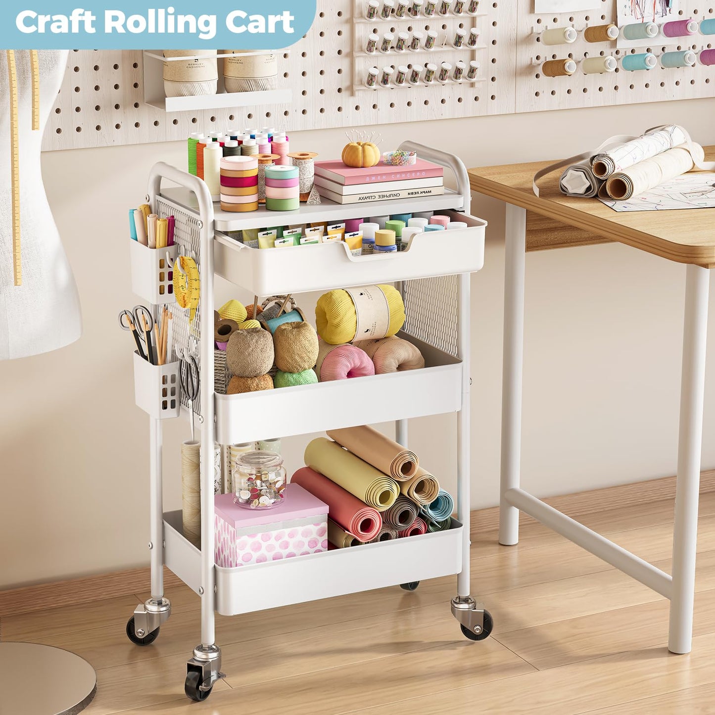 3 Tier Metal Rolling Utility Cart with Drawer & Pegboard - Multifunctional Storage Cart on Wheels with Tabletop, Hooks & Basket, Sturdy Craft & Art Cart for Bathroom, Bedroom, Children Room, White