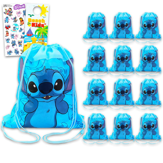 Disney Stitch Party Favor Bags Set - Bundle with 12 Stitch Drawstring Bags for Kids Plus Stickers, More Birthday Party Supplies Pack