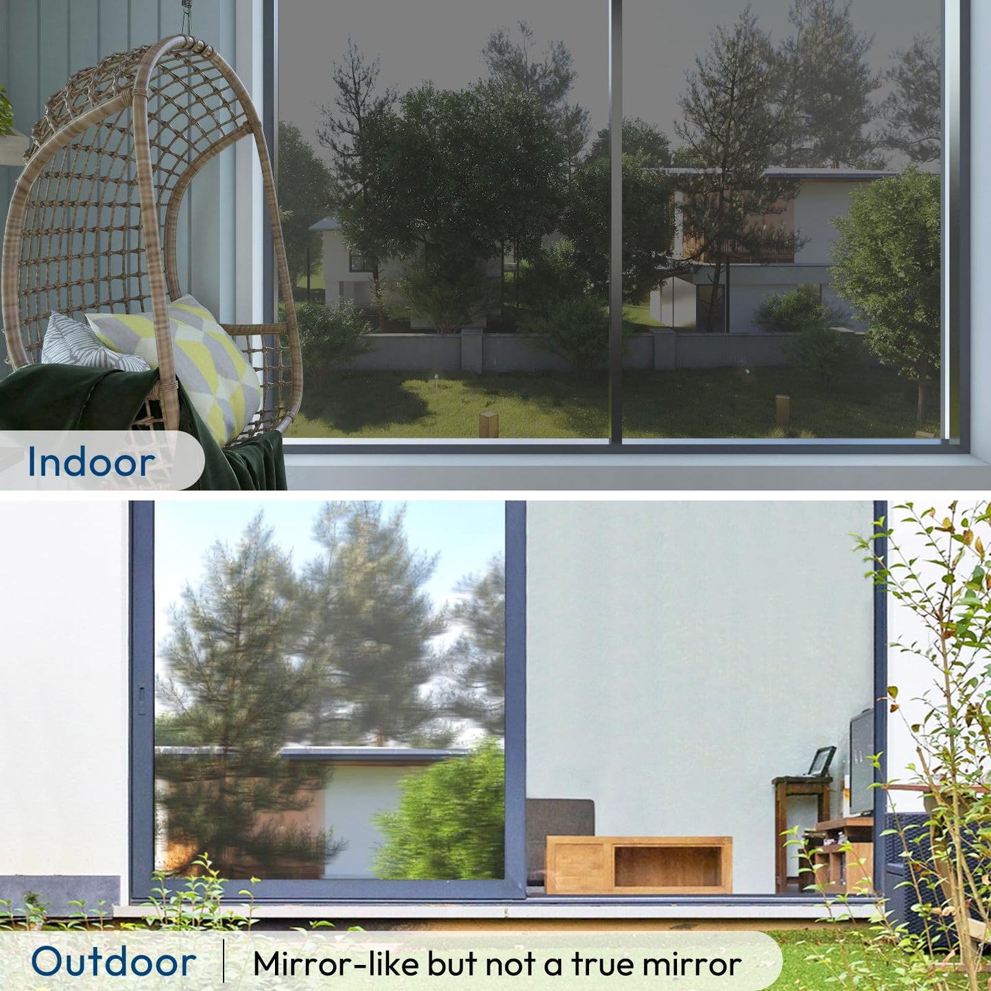 rabbitgoo Window Privacy Film One Way Window Tint for Home, Removable Reflective Heat Sun Blocking Anti UV Glass Door Covering, Mirror Tinting Film House Office, 23.6 Inch X 9.8 Feet, Black Silver