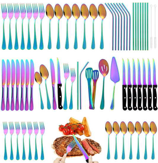 69 Piece Rainbow Silverware Set with Steak Knife Service For 8, Colorful Flatware Cutlery Set Stainless Steel Utensils Mirror Polishe Spoons and Forks with Metal Straw, Slotted Spoon, Tongs, Tableware