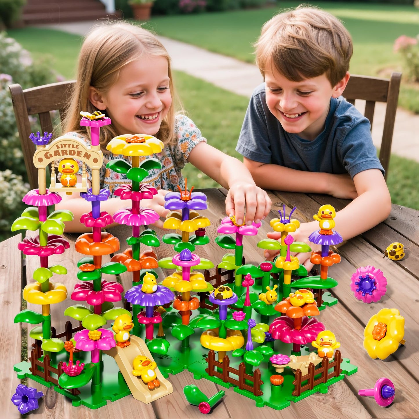 Flower Garden Building Toys for Toddler 3 4 5 6 7 Years Old, DIY Stacking Toys with Storage Box, Kids STEM Preschool Educational Toy, Christmas Birthday Gift for Girls Ages 3-5