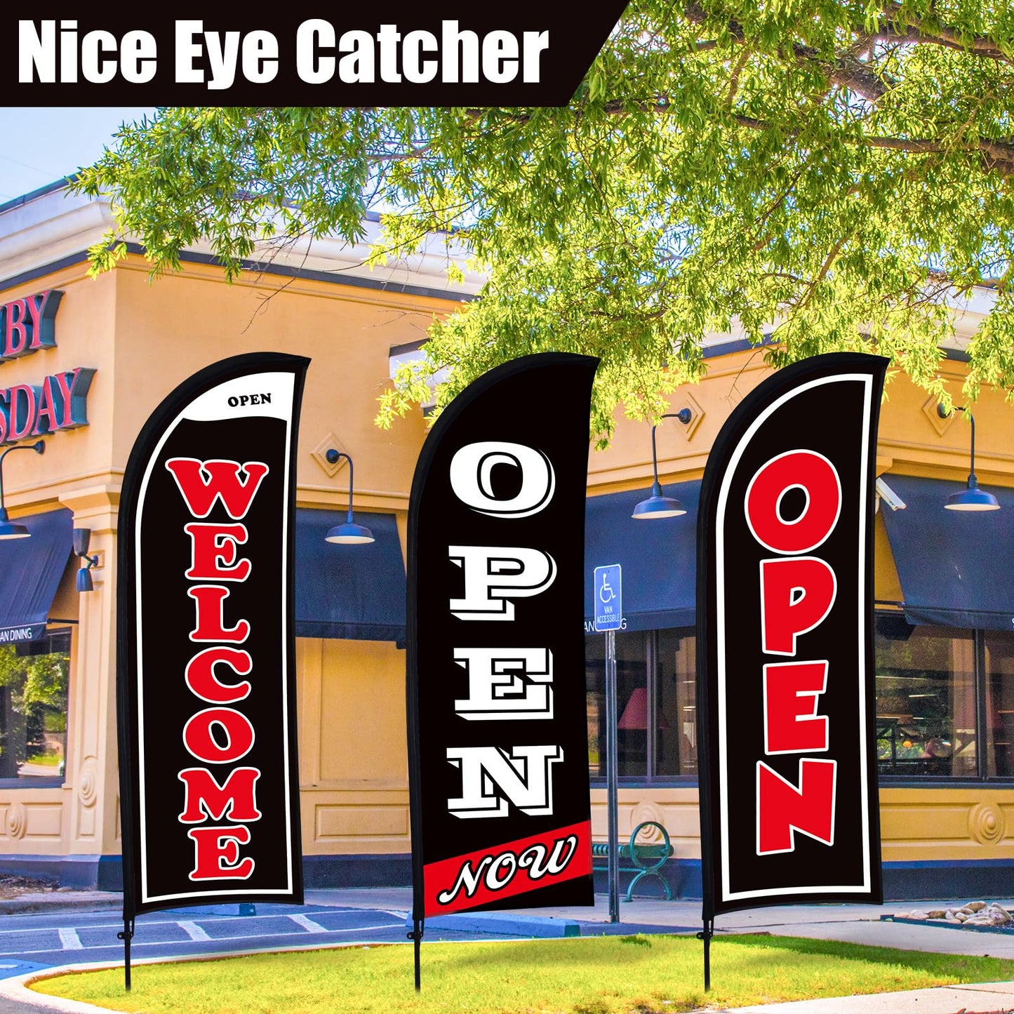 Buryeah 3 Sets Now Open Feather Flag Banner for Business Advertising 7 Feet Tall Grand Opening Feather Flag Sign with Fiberglass Pole Kit Rotating Ground Spike and Portable Bag (Black)