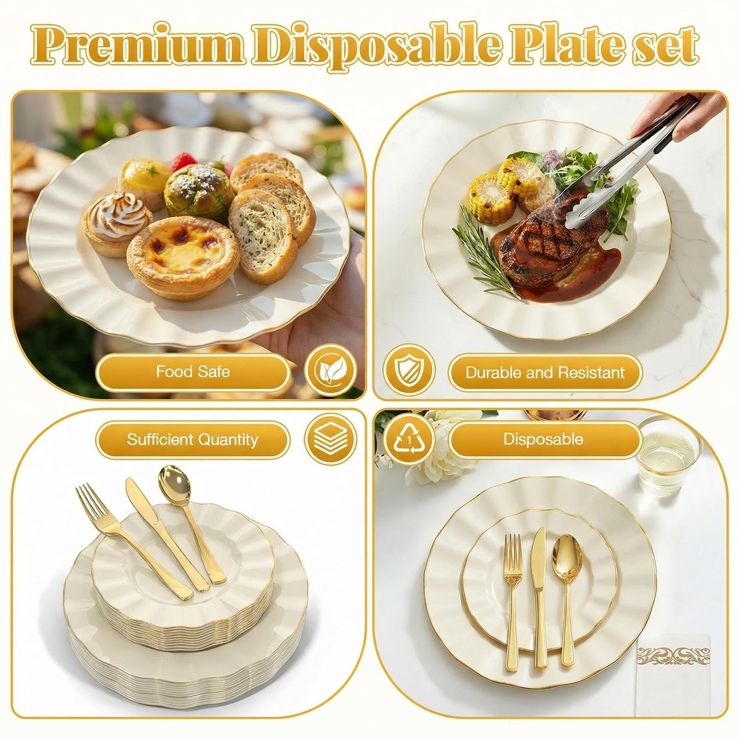 175 Piece Plastic Dinnerware Set Disposable Dinnerware Set for 25 Guests Include 50 Plastic Plates 25 Silverware Set 25 Cups and 25 Napkins for Father's Day Party Wedding Birthday（White and Gold）