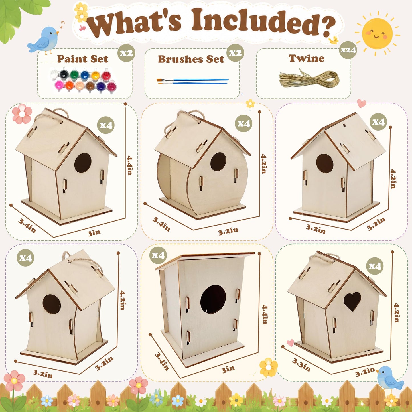 BlockPro 24 Pack Bird House Kits for Kids with Paint & Brushes, DIY Wooden Birdhouse Painting Set, Spring Summer Arts Projects, Educational Craft Gift for Birthday, Party, Parent-Child Activities