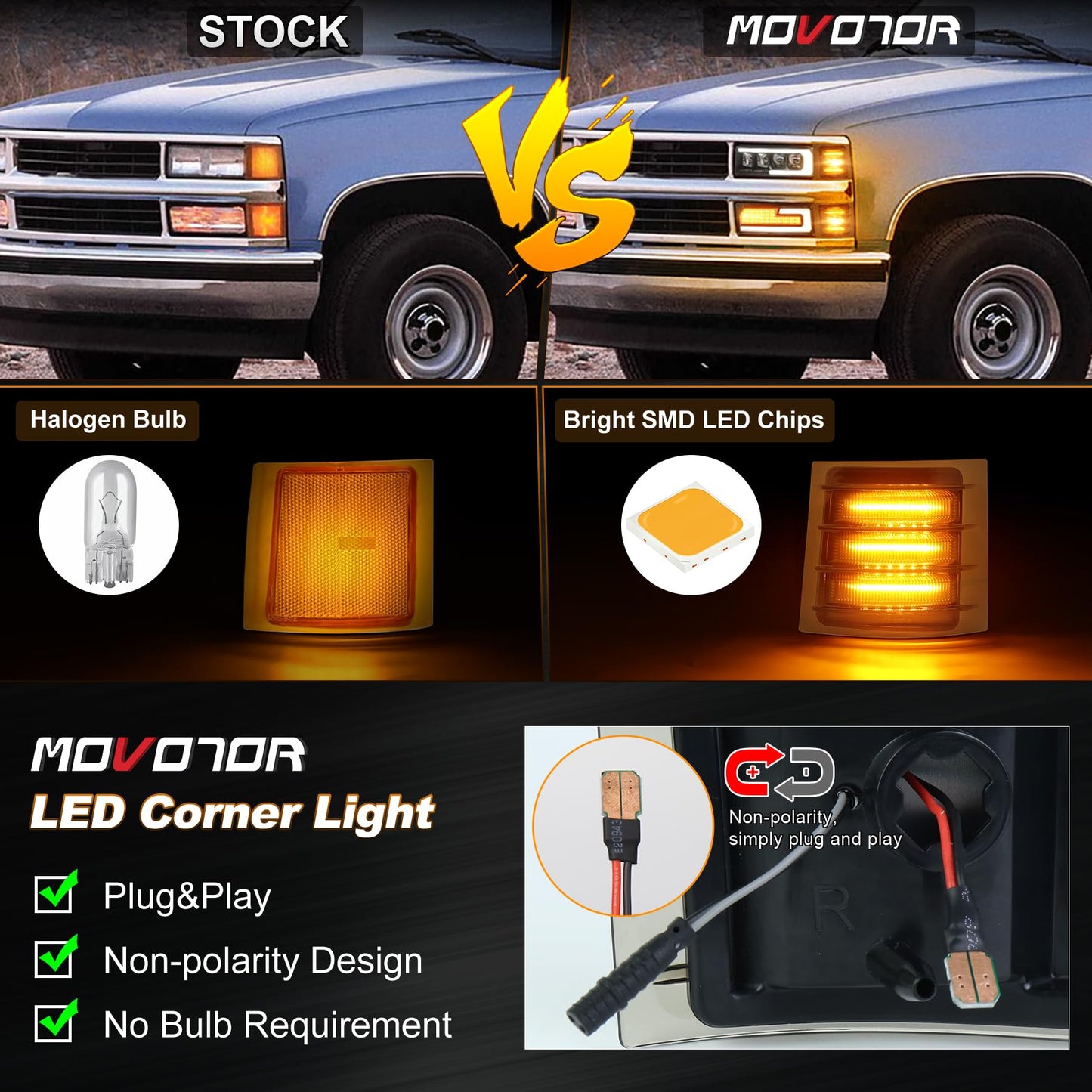 MOVOTOR LED Side Marker Lights with Amber Sequential Turn Signal Side Corner Lights Smoked Lens Compatible with 1994-1998 Chevy C/K 1500 2500 3500 Suburban Silverado Tahoe