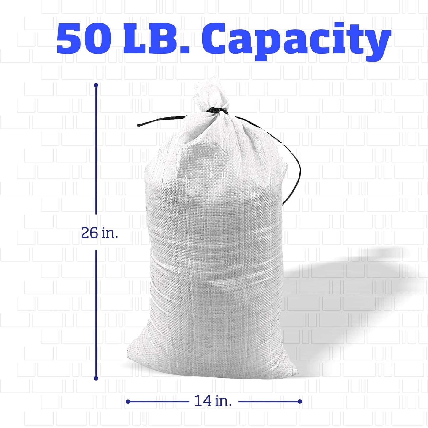 DURASACK Heavy Duty Sand Bags with Tie Strings Empty Woven Polypropylene Sand-Bags for Flood Control with 1600 Hours of UV Protection, 50 lbs Capacity, 14x26 inches, White, Pack of 100