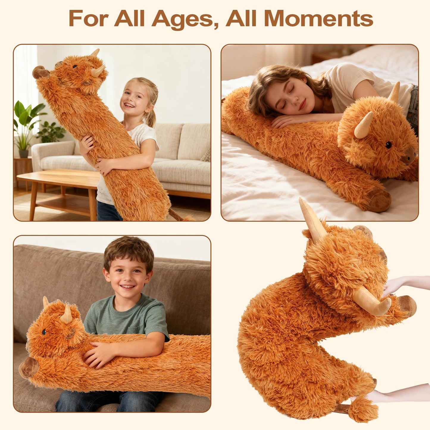 Highland Cow Stuffed Animal 33",Long Highland Cow Plush, Cattle Body Pillow Plushies Gifts for Kids and Adults