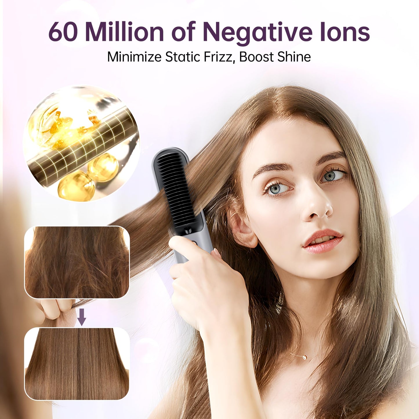 BGFOX Cordless Hair Straightener Brush [10 Mins Shiny Look Anytime Anywhere], USB Rechargeable Portable Ionic Hair Straightener Comb Straightening Brush for Women Travel with 3 Temps 30s Fast Heating