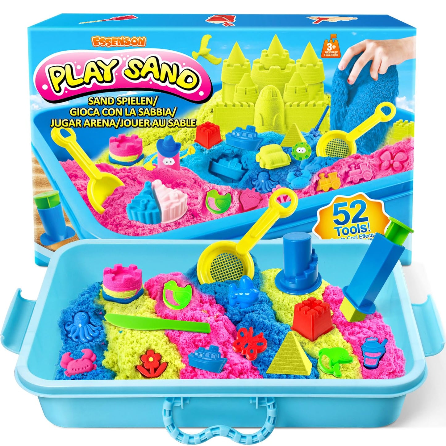 Sensory Bin - 52 PCS Play Sand Kit with 3lbs Magical Sand, Beach Toys Castle Molds Sand Molds, Sensory Toy Sandbox, Kids Gifts for Girls and Boys