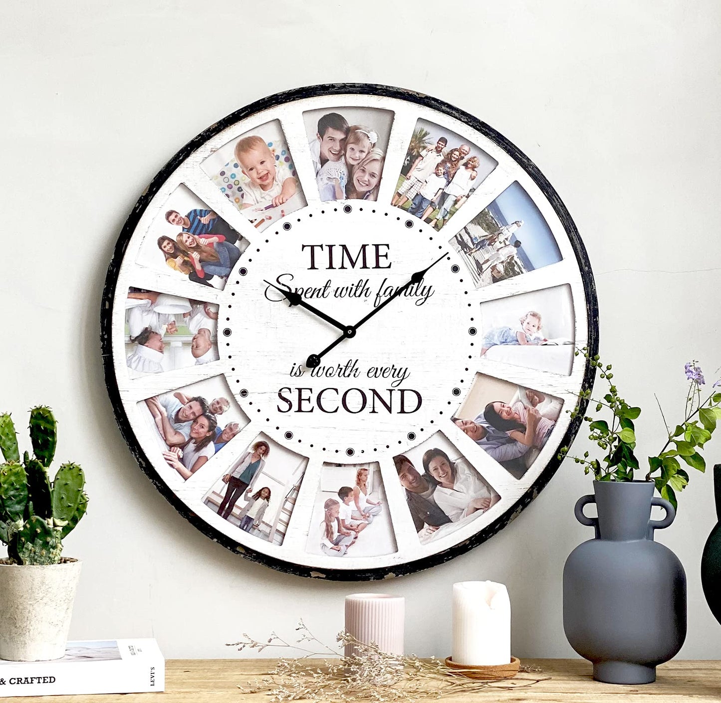 JUMBO HUMBLE 12 Photo Collage Family Wood Wall Clock, Rustic Farmhouse Wall Clock, Large Oversized Wall Clocks for Home, Kitchen, Living Room, Silent Battery Powered 24 Inch White