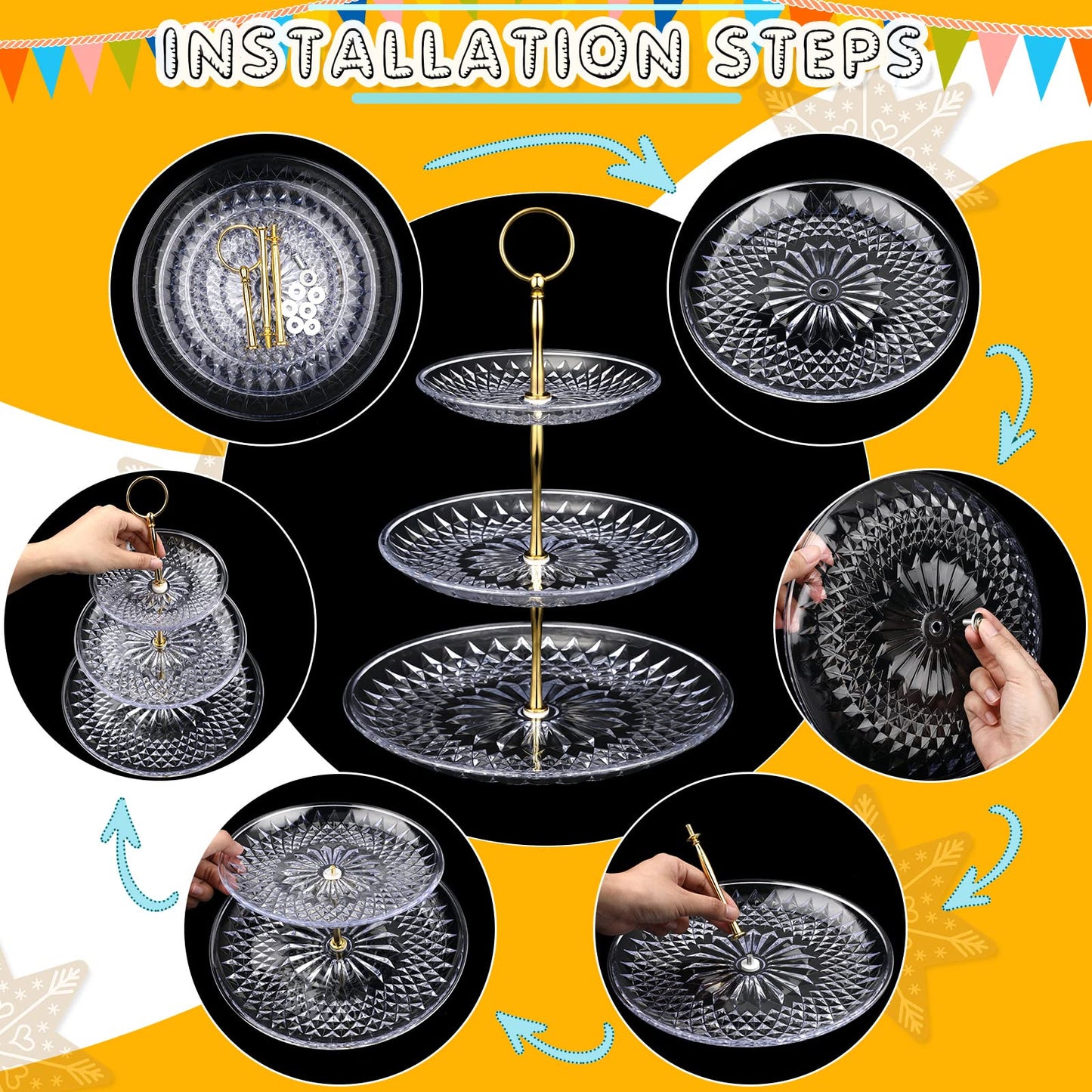 Patelai 8 Packs 3 Tier Crystal Acrylic Clear Cake Stand with Gold Round Holder Acrylic Cupcake Stand Holder for Home Wedding Holiday Birthday Baby Shower Tea Party (Clear)