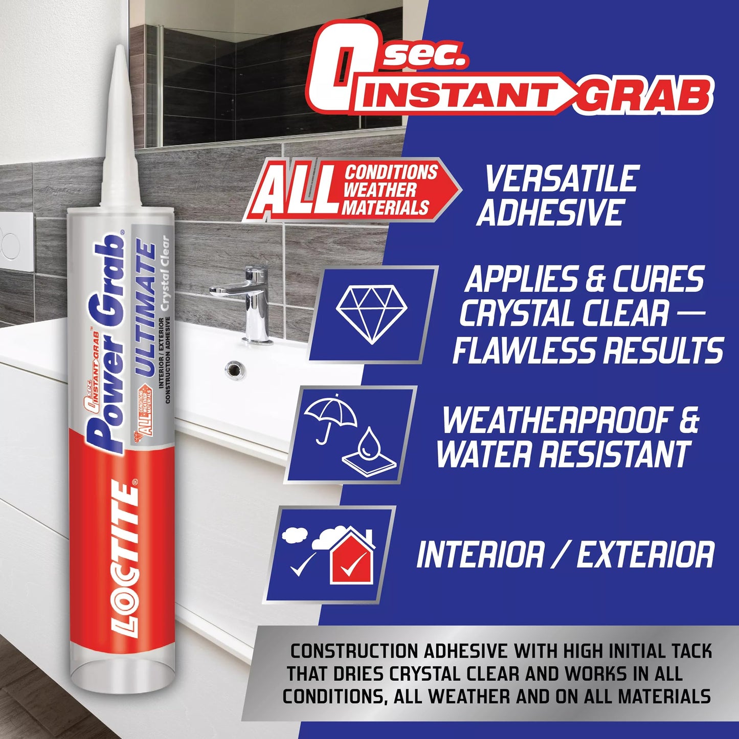 Loctite Power Grab Ultimate Crystal Clear Construction Adhesive - Versatile Construction Glue for Glass, Wood, Metal & More - 9 fl oz Cartridge, 6 Pack
