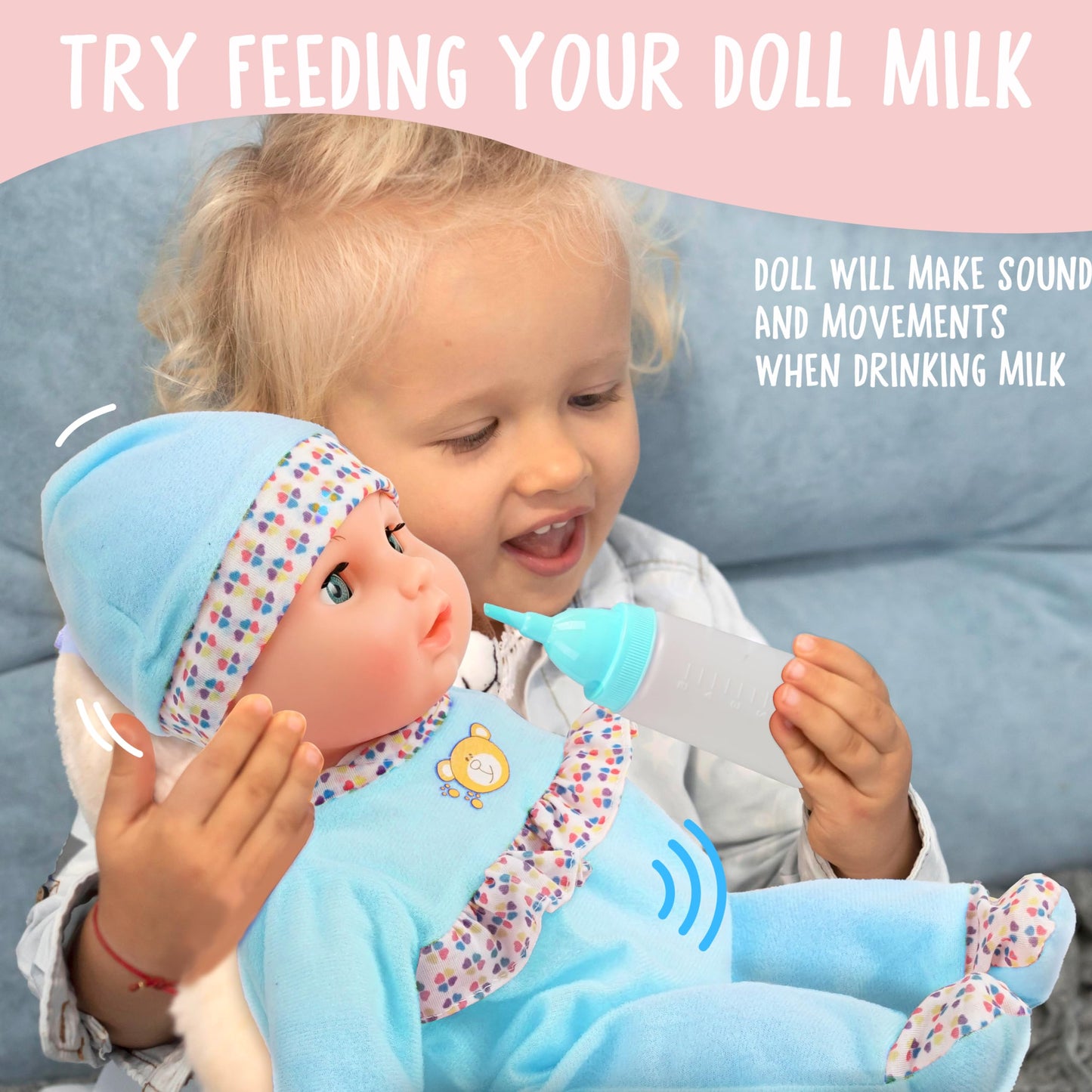Toy Choi's Interactive Baby Doll - 40cm Crying Talking Feeding Soft Body Dolls for 2+ Year Old with Bottle Pacifier and Accessories, Pretent Play Preschool Gifts for Girls Boys, Blue