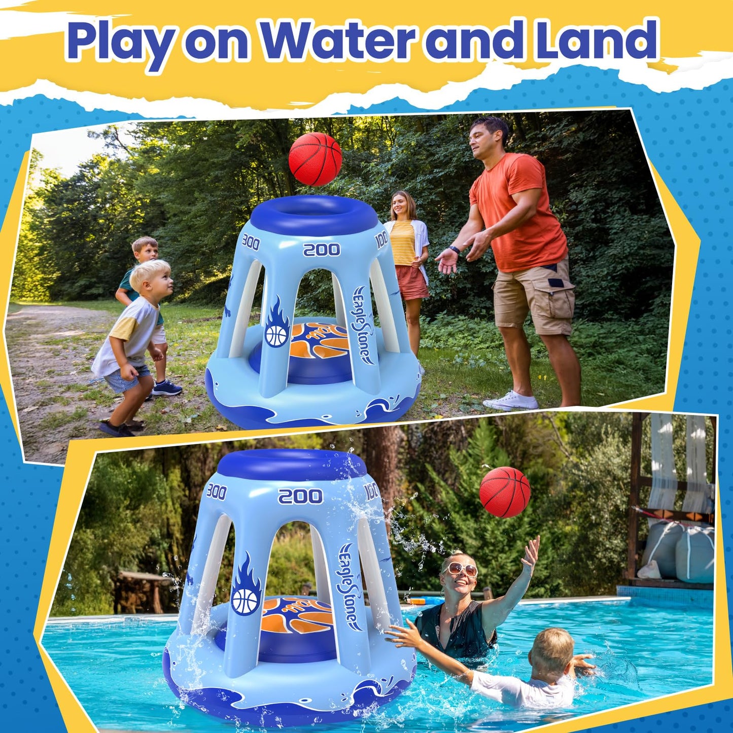 EagleStone Inflatable Pool Basketball Hoop for Kids & Adults, 47" Swimming Floating Basketball Hoop for Pool with 3 Balls, Pump, Summer Outdoor Pool Water Game for Family, Party, Beach & 4th of July