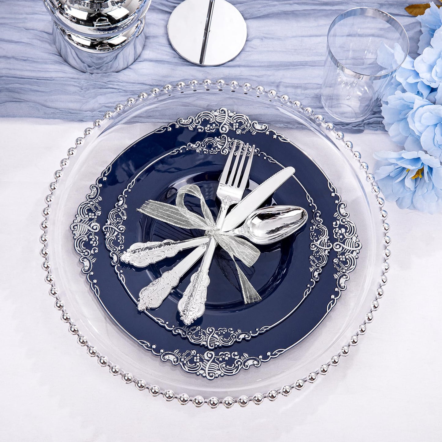 Hioasis 175pcs Blue and Silver Plastic Plates - Elegant Disposable Dinnerware Set Suitable for 25 Guests Include 10.25" Dinner & 7.5" Dessert Plates, Cutlery, Napkins, Cups for Party & Wedding