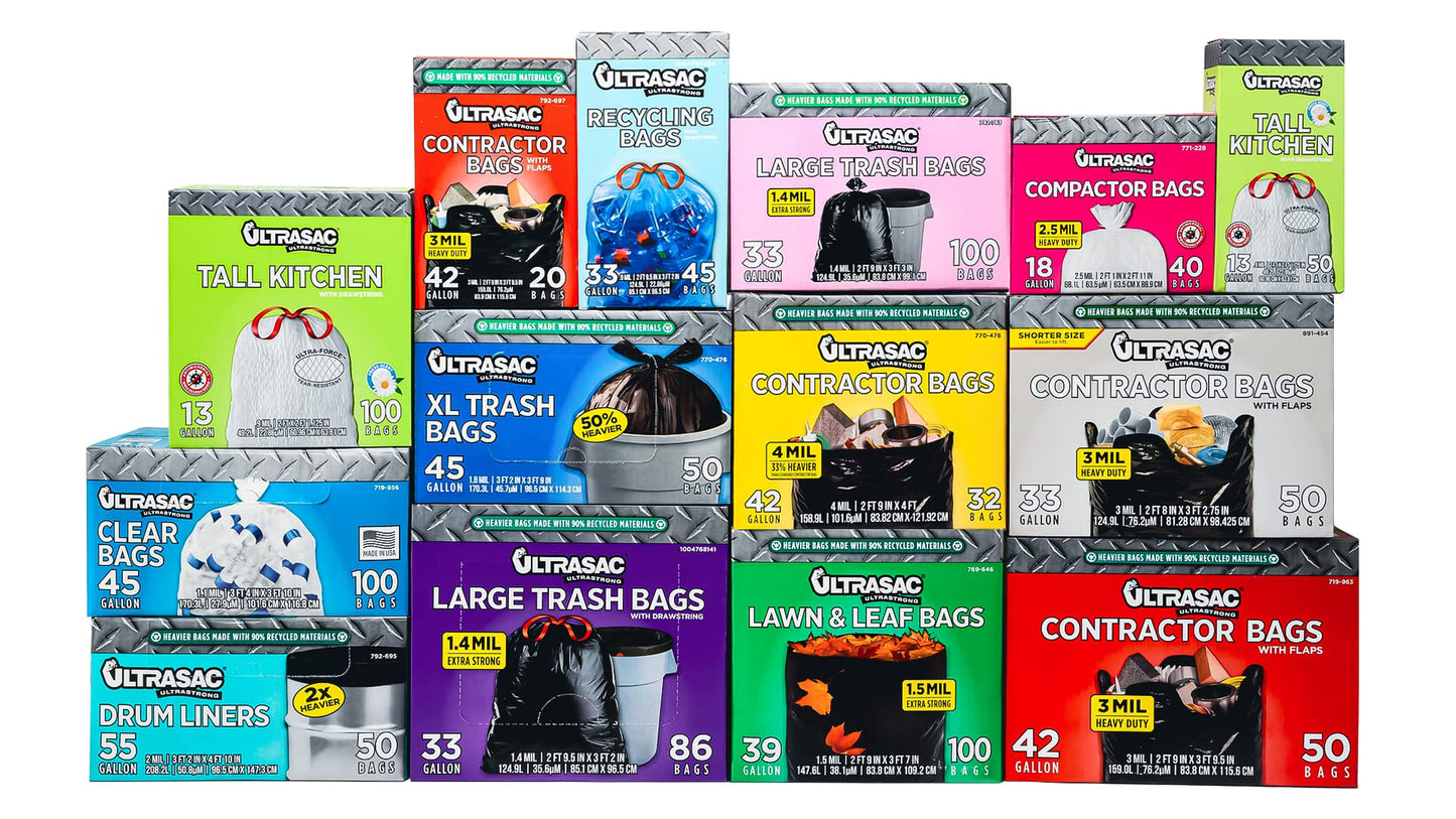 Ultrasac 55-60 Gallon 6.0 MIL Clear Heavy Duty Trash Bags - 39" x 58" - Pack of 15 - For Contractor, Construction, & Industrial,UL-39586CL