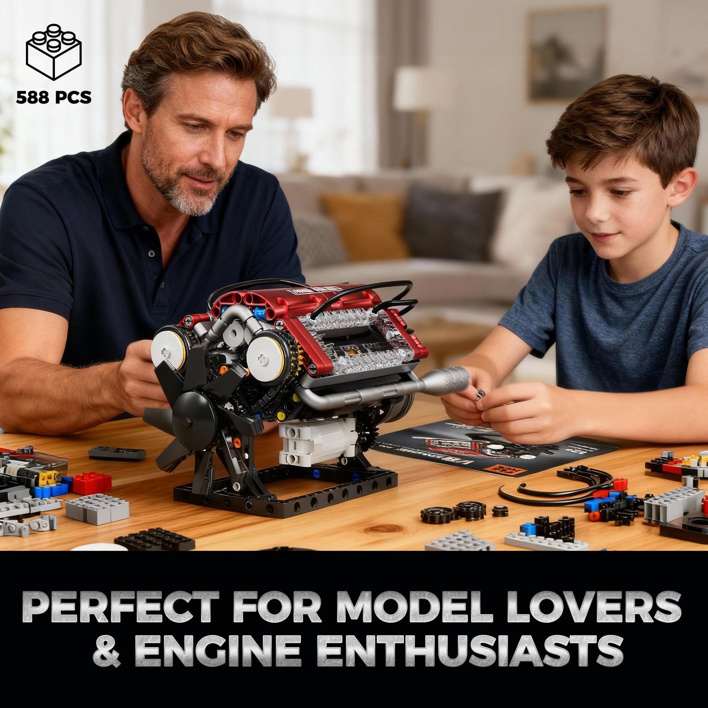 HGYYGACN V8 Engine Building Blocks Sets, V8 Engine Model Kit, Runnable Model Engine Building Sets, Mini Engine Kits with Crankshaft & Rotating Fan, for Adults & Kids
