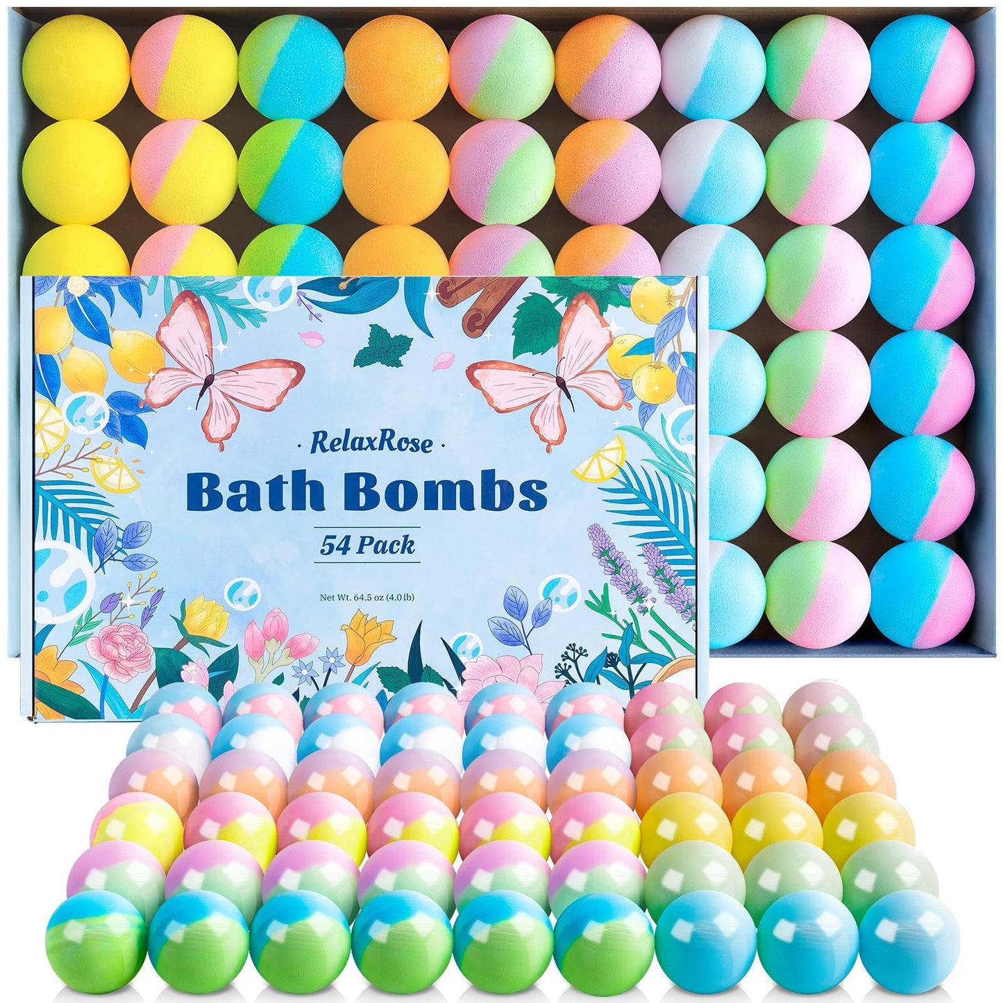 54 Pack Handmade Bath Bombs with 11 Vibrant Colors and 9 Unique Scents, Long-Lasting Fizzy Bubbles & Colorful Magic, 7-Minute Dissolve for Relaxation, Perfect Bubble Bombs Gift for Valentine's Day