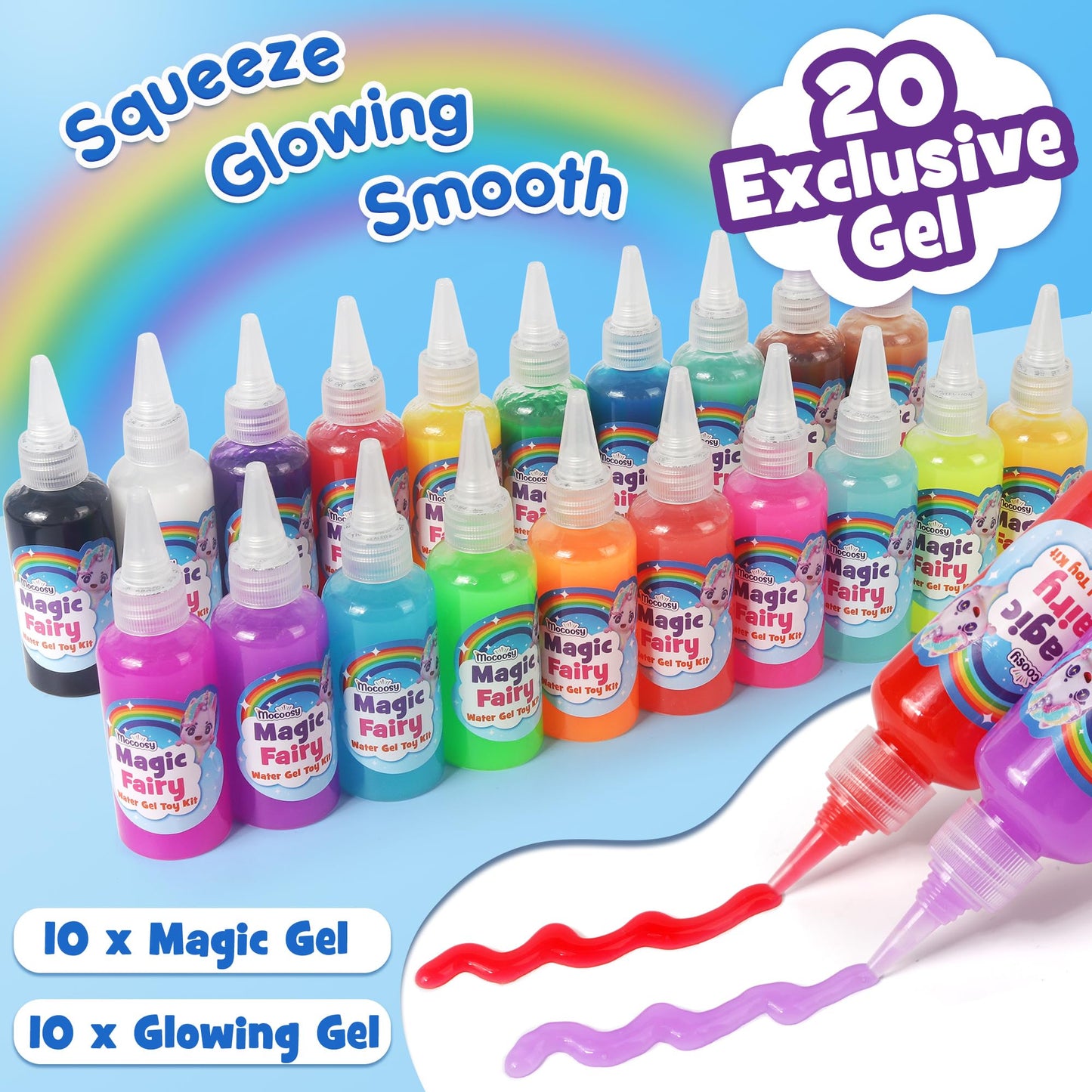 Mocoosy Magic Water Elf Toy Kit for Kids, Glow in The Dark Aqua Fairy Water Gel Kit with 20 Gel & 16 Molds, Make Your Own Squishies, Squishy Maker Waters Pets, DIY Art Crafts, Boys Girls Birthday Gifts