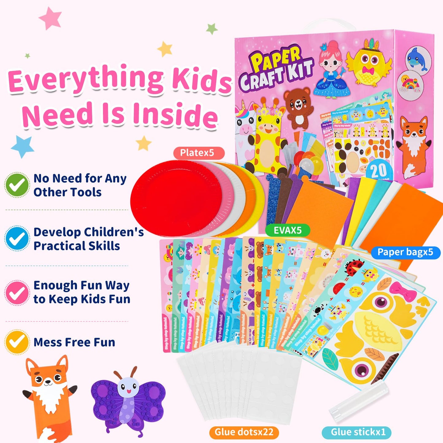 20 Animal Arts & Crafts Kit for Kids 4-6, All-Inclusive Toddler Craft Box with Paper Plates, Puppets, Fun Activities, Tigers, Lions (134 characters) (Princess)