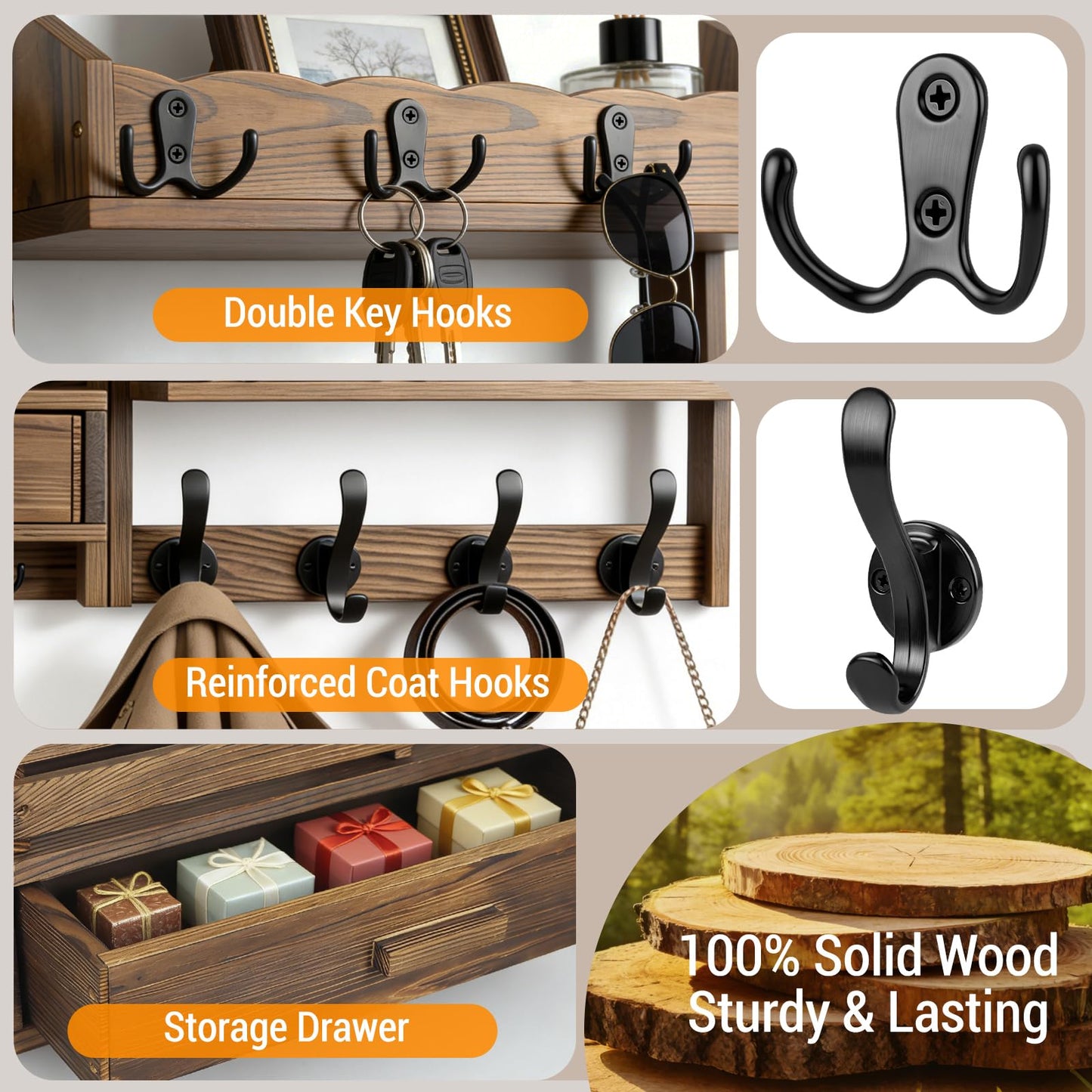 Dellicasi 29" Coat Rack Wall Mount with Shelf & Drawer, Heavy Duty Wood Entryway Organizer, Wall Coat Hanger with 12 Metal Hooks, Wall Mounted Coat Rack Key & Mail Holder for Living Room, Bedroom