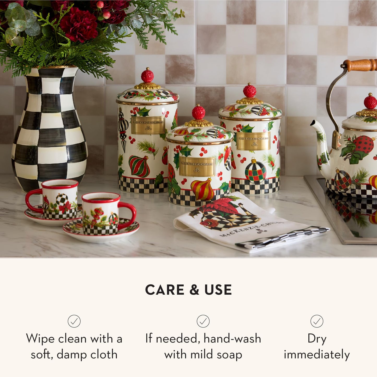MACKENZIE-CHILDS Enamel Canister, Kitchen Storage Container with Lid, Large, Deck the Halls