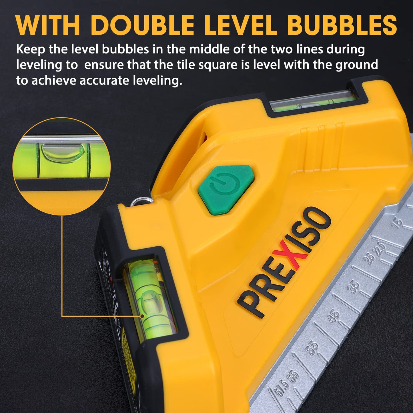 PREXISO Square Laser-65Ft Green Beam Floor Tile Laser Level, Tile Laser Line Projection, Angle 90 degree Aluminum Base Magnetic Level Square Built-In 2 Bubble Vials-With 3 Mounting Pins 3AA Batteries