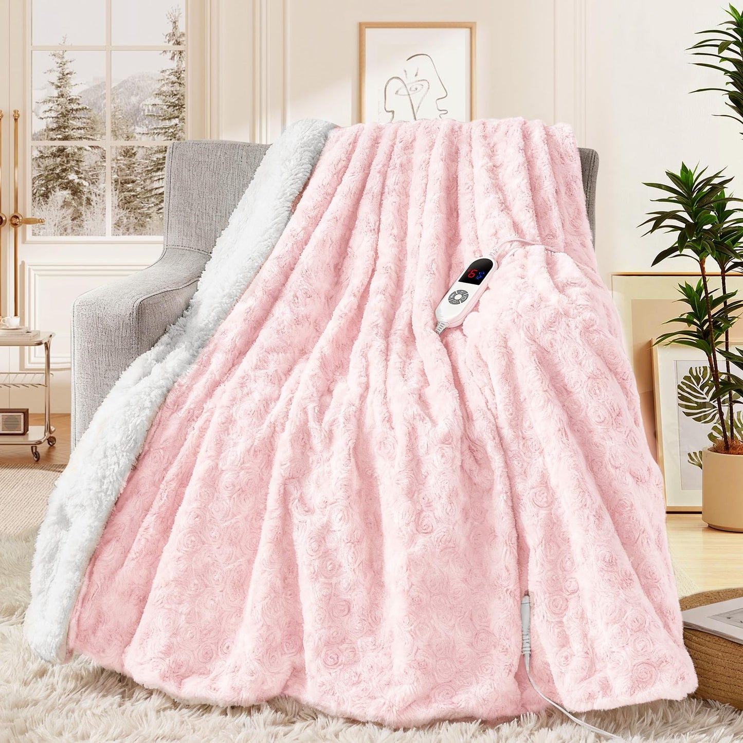 MAXEVE Heated Blanket Electric Throw 50"x60" Faux Rabbit Fur Blankets with 6 Heating Sets & 12 Hours Auto Off, Warm Gifts for Grandma Wife, ETL Certification