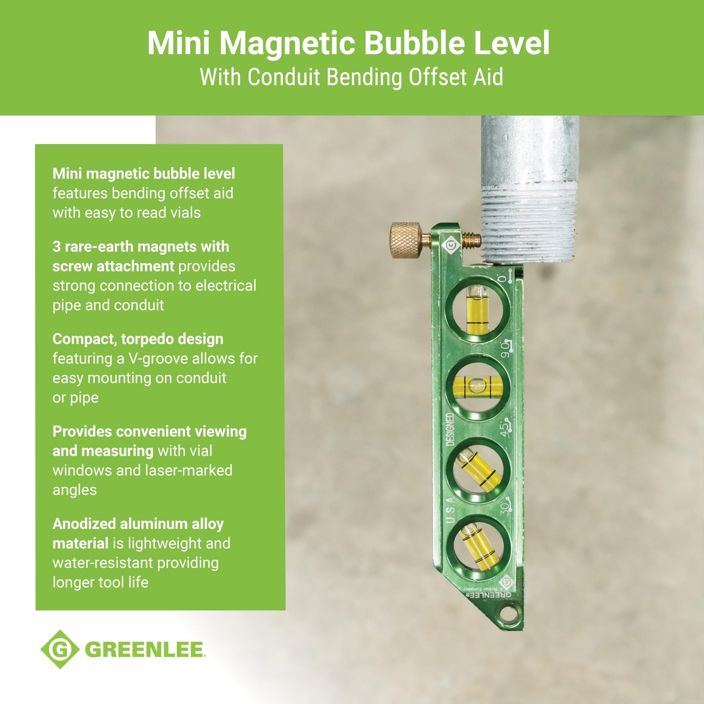 Greenlee L77 Mini Magnetic Bubble Level with Conduit Bending Offset Aid