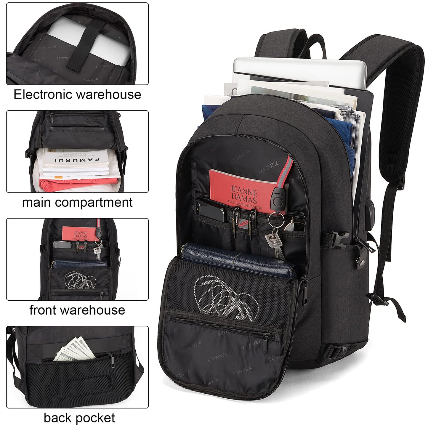 Tzowla Anti-Theft Water Resistant 17.3 Inch Laptop Backpack with USB Charging Port and Lock, Black
