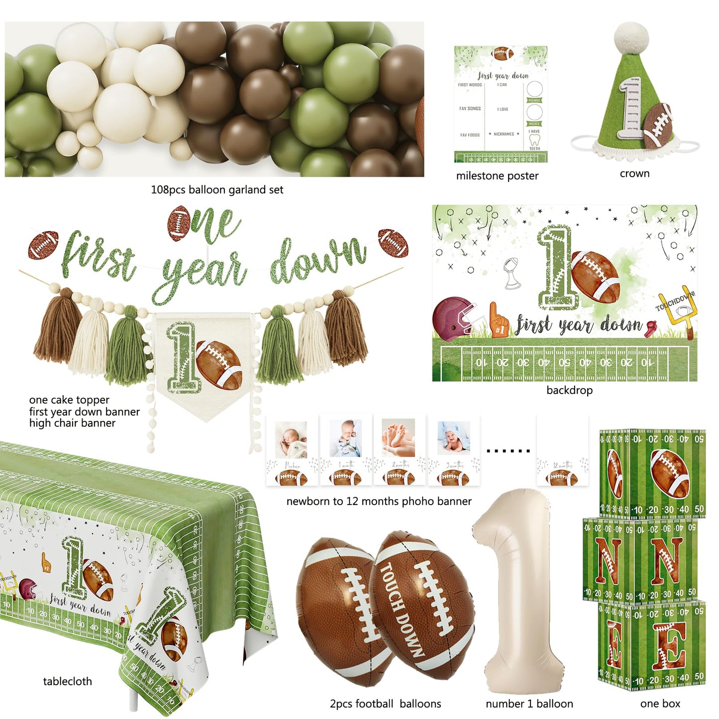 HYCSANBAO Football 1st Birthday Party Decorations，1st Year Down Birthday Decorations，First Year Down Football Birthday Decorations Party Supplies