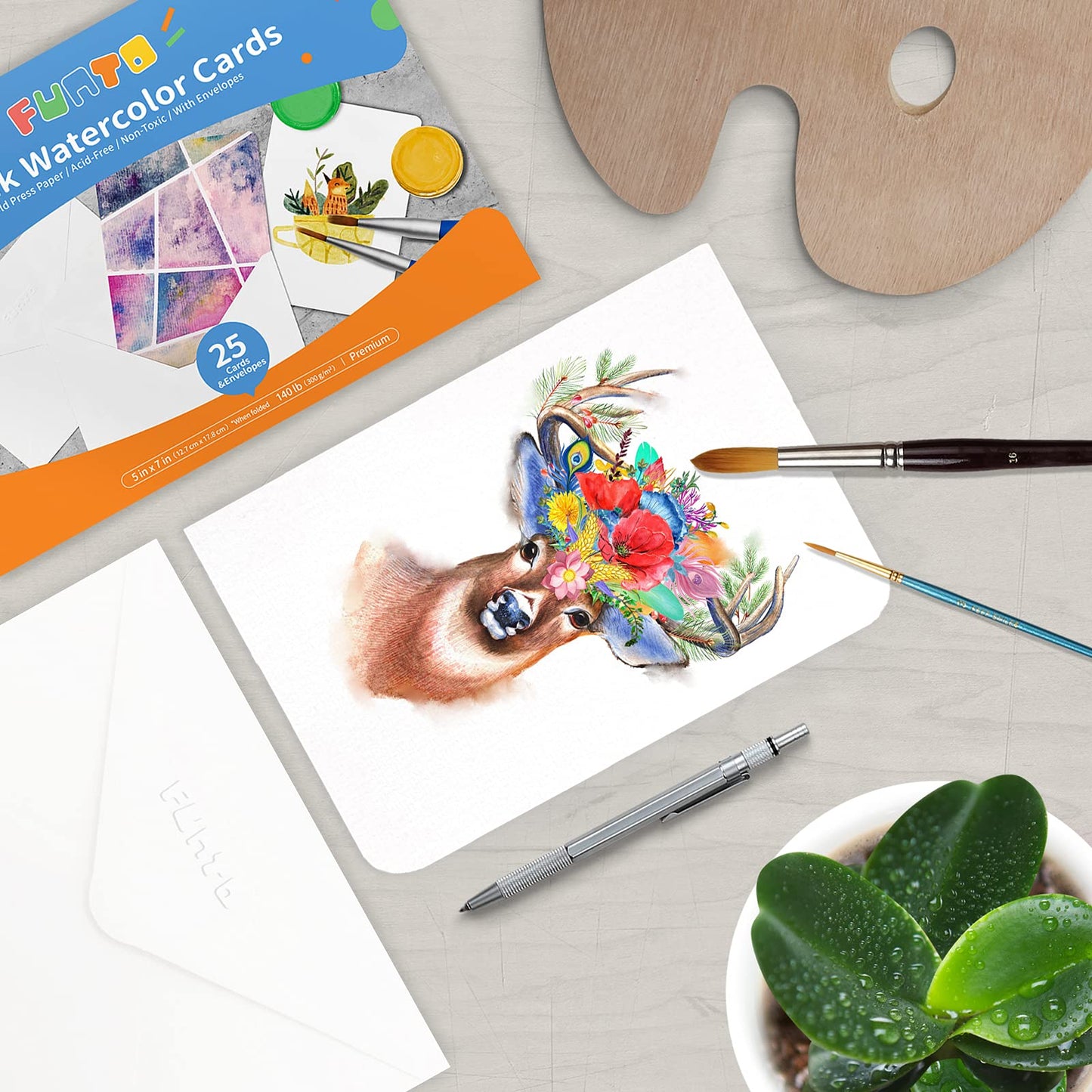 Funto Blank Watercolour Paper Cards and Envelopes, 50 Cards, 5''x7'', 140lb/300gsm, White, Acid-Free, Heavyweight Paper for Watercolor Painting, Invitations, Thank You Notes, Greeting Cards