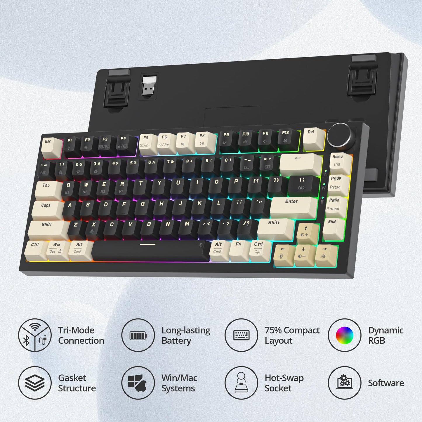 iRoboosta 400PRO 75% Wireless Creamy Mechanical Keyboard Black, Gasket Hot Swappable RGB Gaming Keyboard, Bluetooth/2.4GHz/USB-C Thocky Keyboard with Pre-lubed Cream Grey Switches (82 Black)
