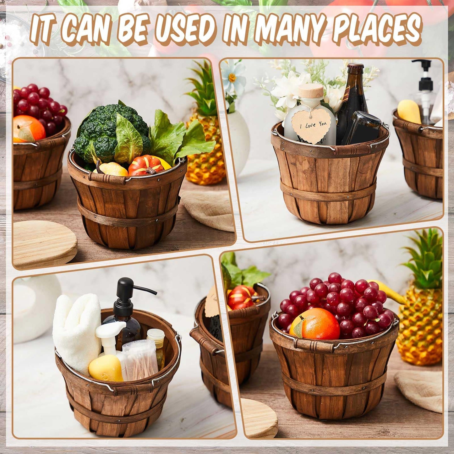 Marsui 10 Pcs 5.9 x 7.5'' Round Wooden Baskets Easter Portable Wood Fruit Buckets with Handles Garden Harvest Basket Fruits Vegetables Storage Container Party Supplies(Dark Brown)