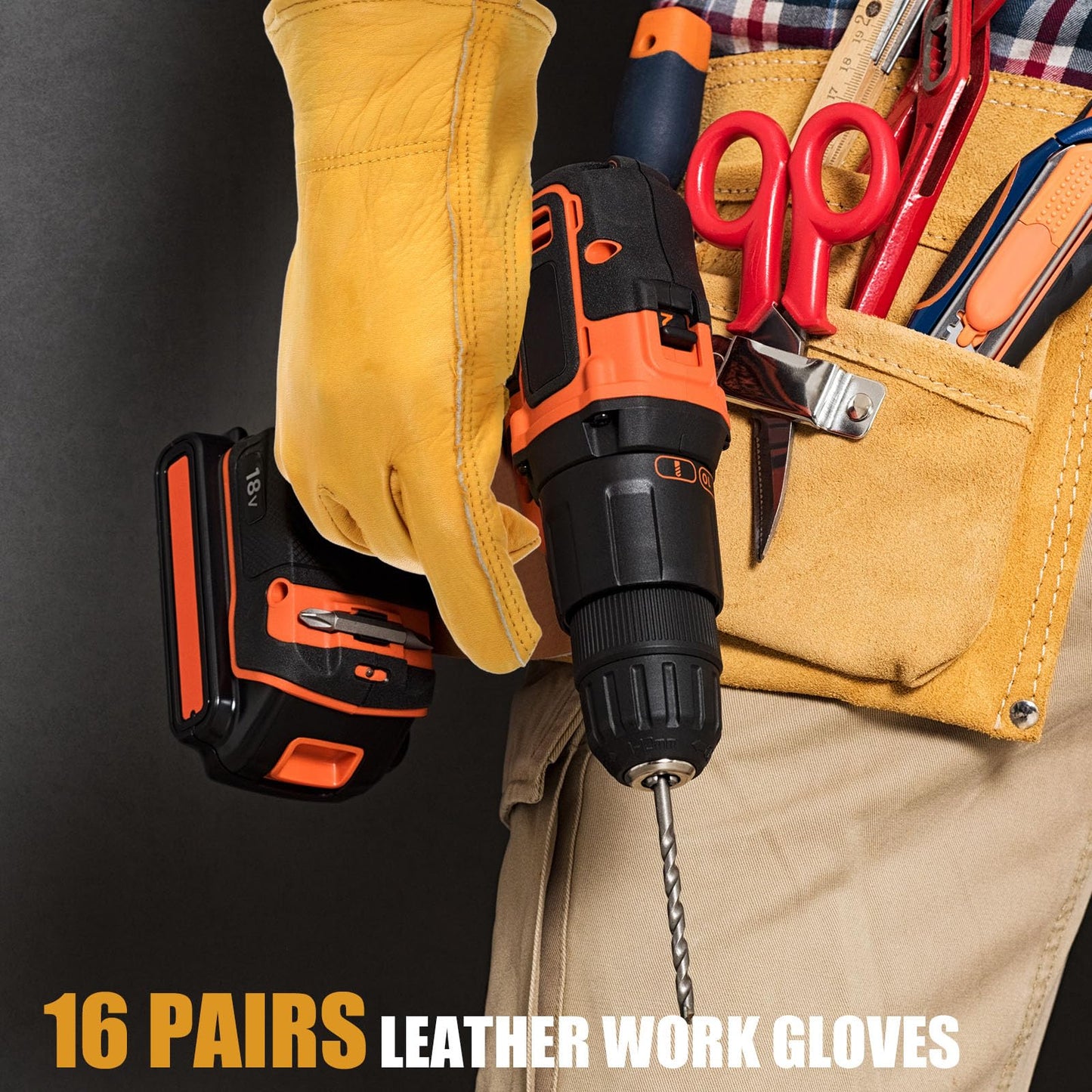 Sintuff 16 Pairs Men's Cowhide Leather Gloves Cowhide Leather Gardening Gloves with Reinforced Palm Stretchable Wrist Tough for Wood Cutting, Construction, Driving, Garden Working(Medium,Yellow)