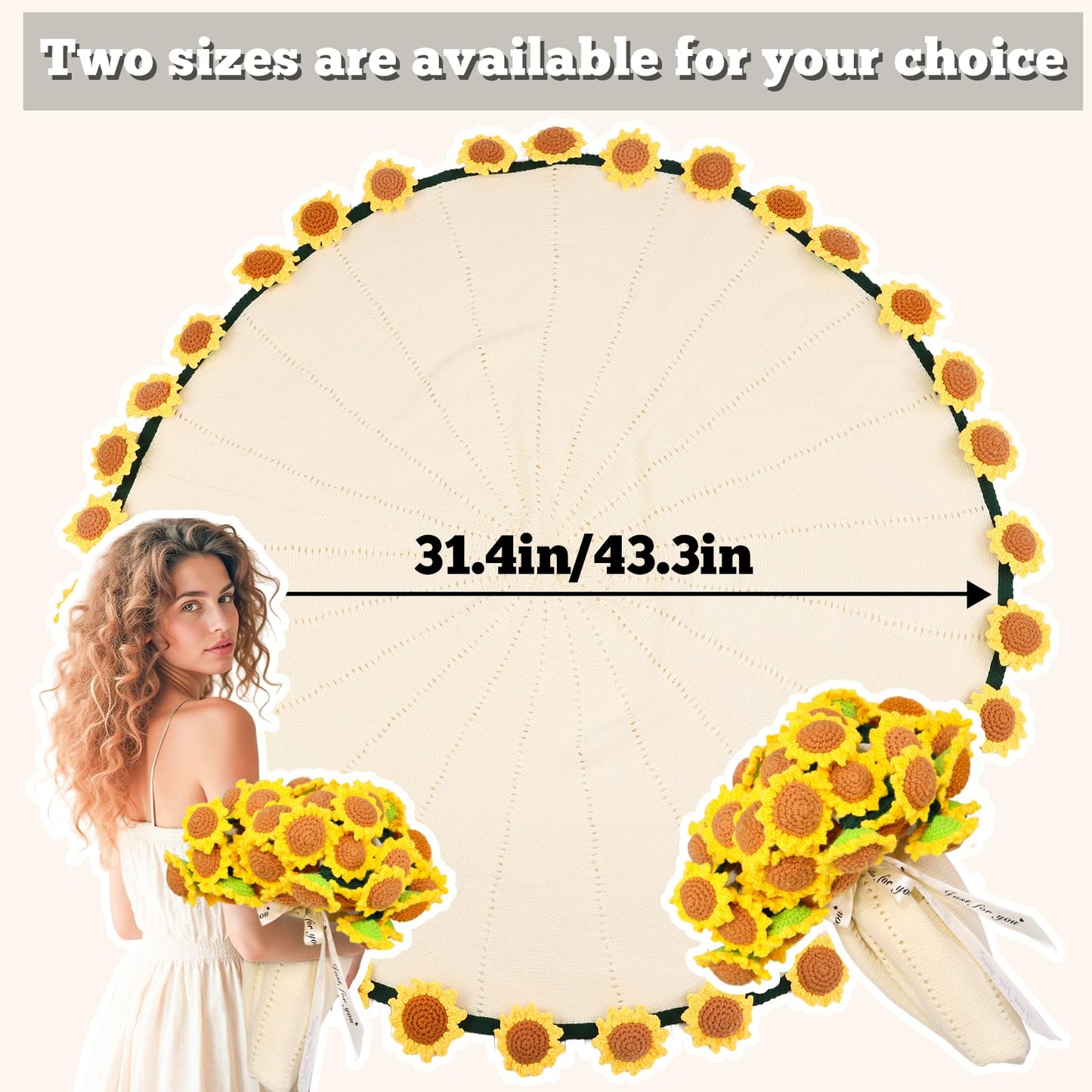 LOKOZ Sunflower Gifts for Women Get Well - Crochet Flowers Bouquet Blanket, Teacher Appreciation Gifts for Mom Sister Her Grandma Wife Birthday Presents Anniversary Home Decor 43 Inches