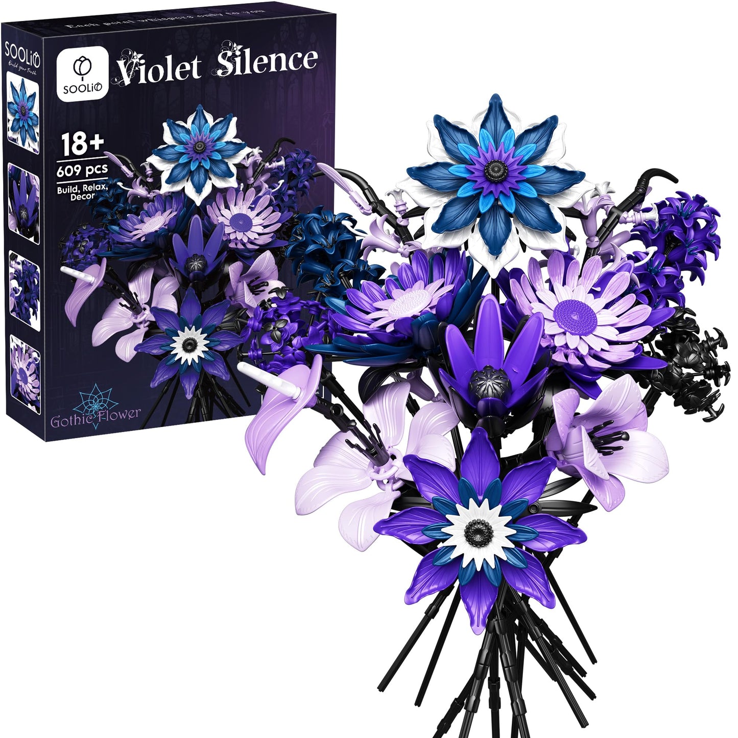 SOOLIO Dahlia Flower Bouquet Building Set for Adults,Gift for Mom Women Girlfriend Wife Gothic Botanical Collection - Buildable Purple Artificial Floral for Home or Office Decor (609 PCS)