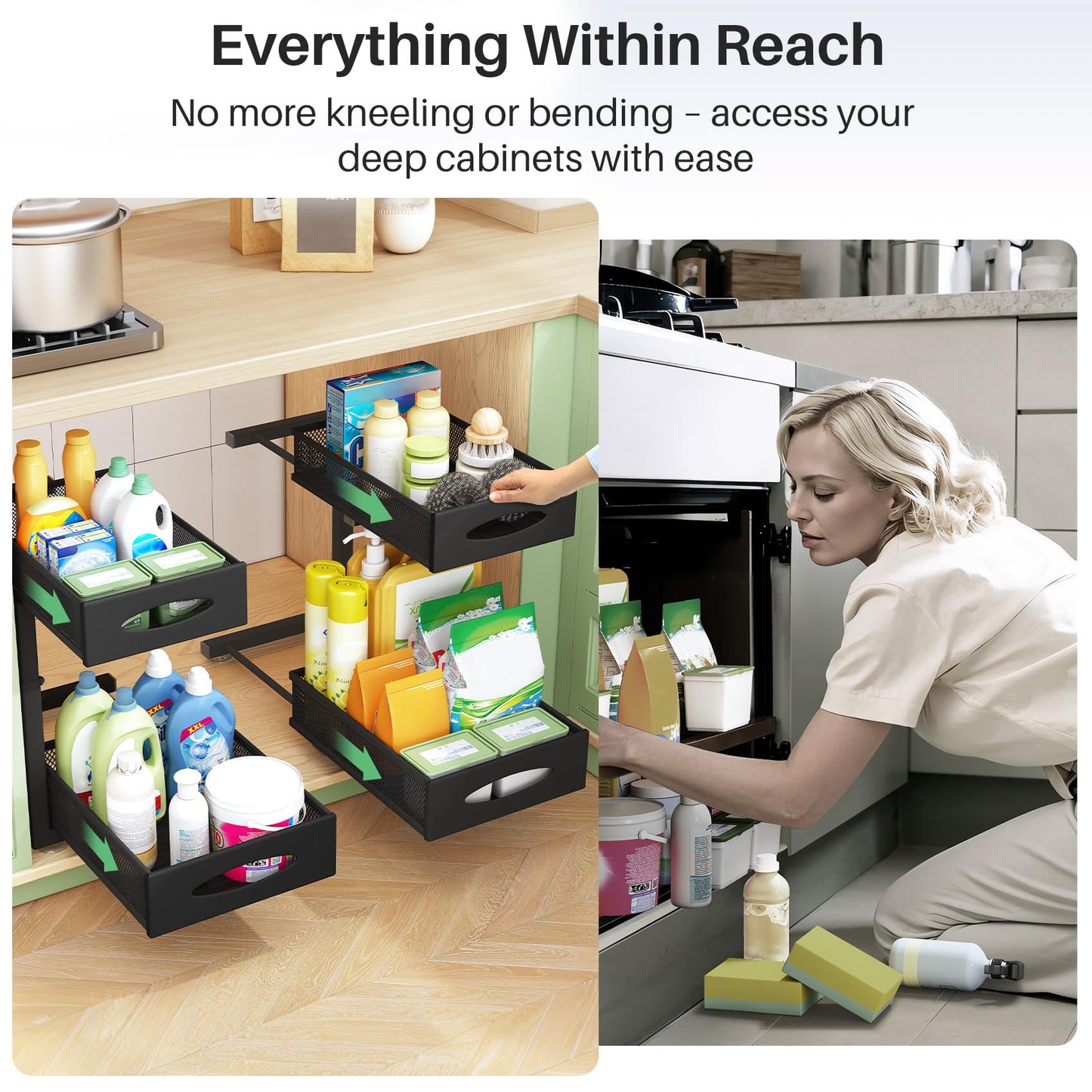 Under Sink Organizer, 2 Pack 2 Tier Pull out Cabinet Organizer Baskets with Mesh Sliding Drawers, Slide out Sink Storage Shelves for Home, Kitchen, Bathroom, Pantry, Office Organizers and Storag,Black