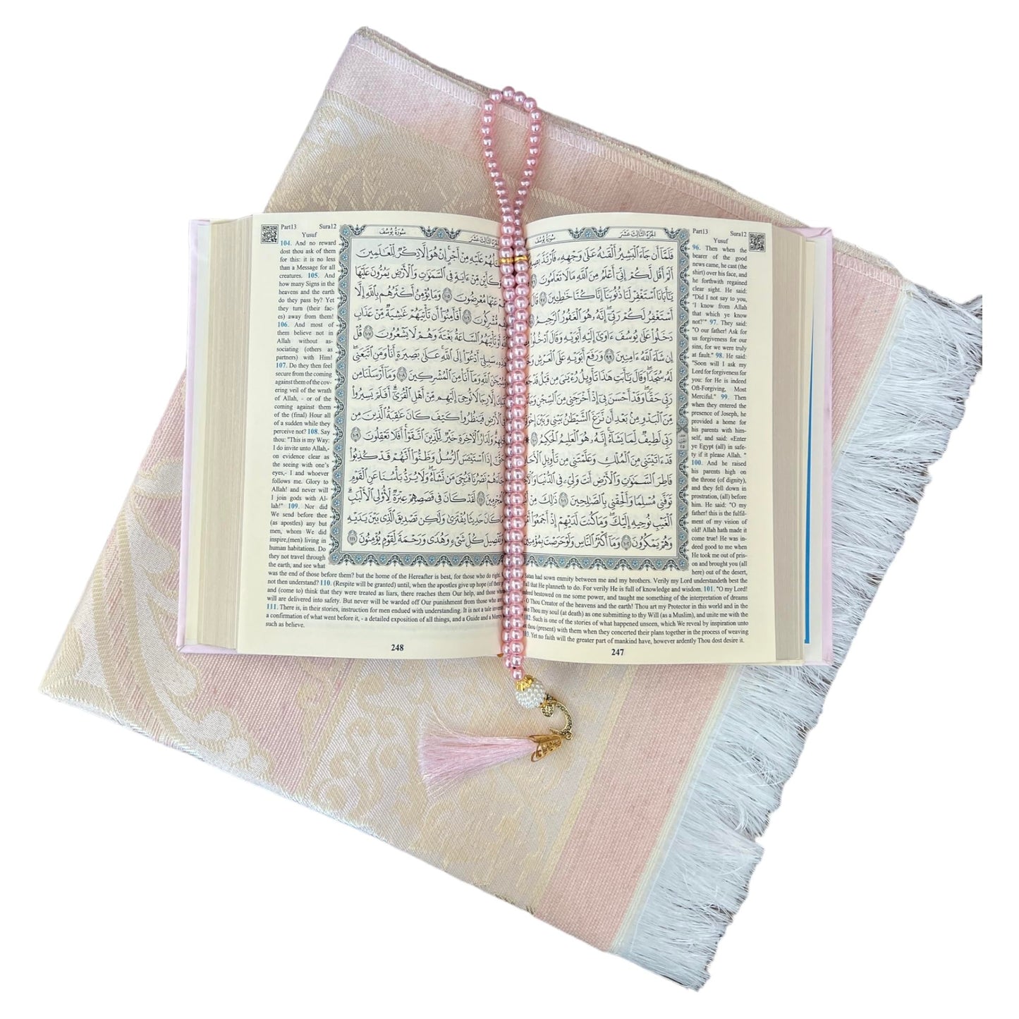 English Translate Thermo Leather Covered Quran, Tafta Prayer Mat and Beads Set |Quran Size:8x5.5x1.2 İnch/20x14x3cm | Muslim Prayer Mat | Great Ramadan Gifts for Muslim Men,Women (Pink, 1 Sets)
