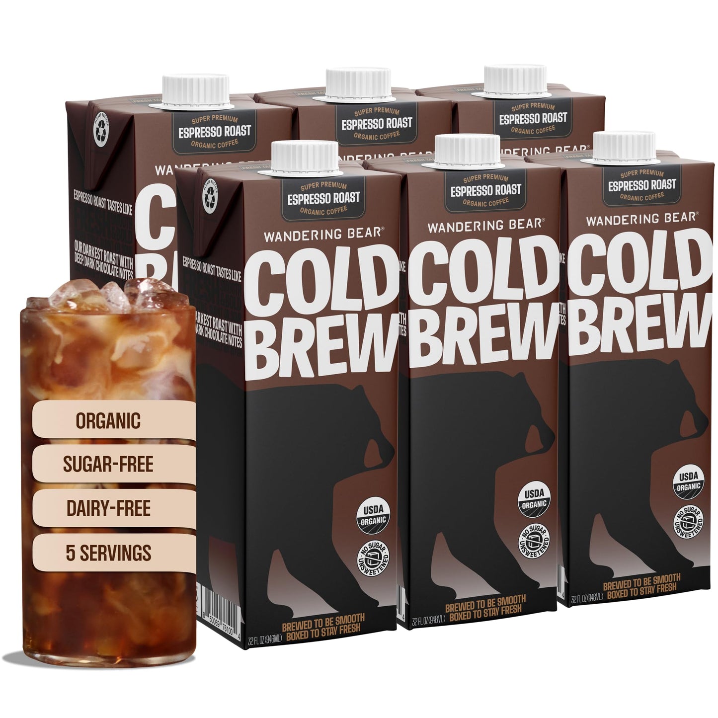 Wandering Bear Espresso Roast Organic Cold Brew Coffee - Extra Strong Bold, Smooth, No Sugar Added, Shelf-Stable, Ready to Drink & Vegan, 100% Organic Iced Cold Brewed Coffee Drink - 32 fl oz, 6 pack
