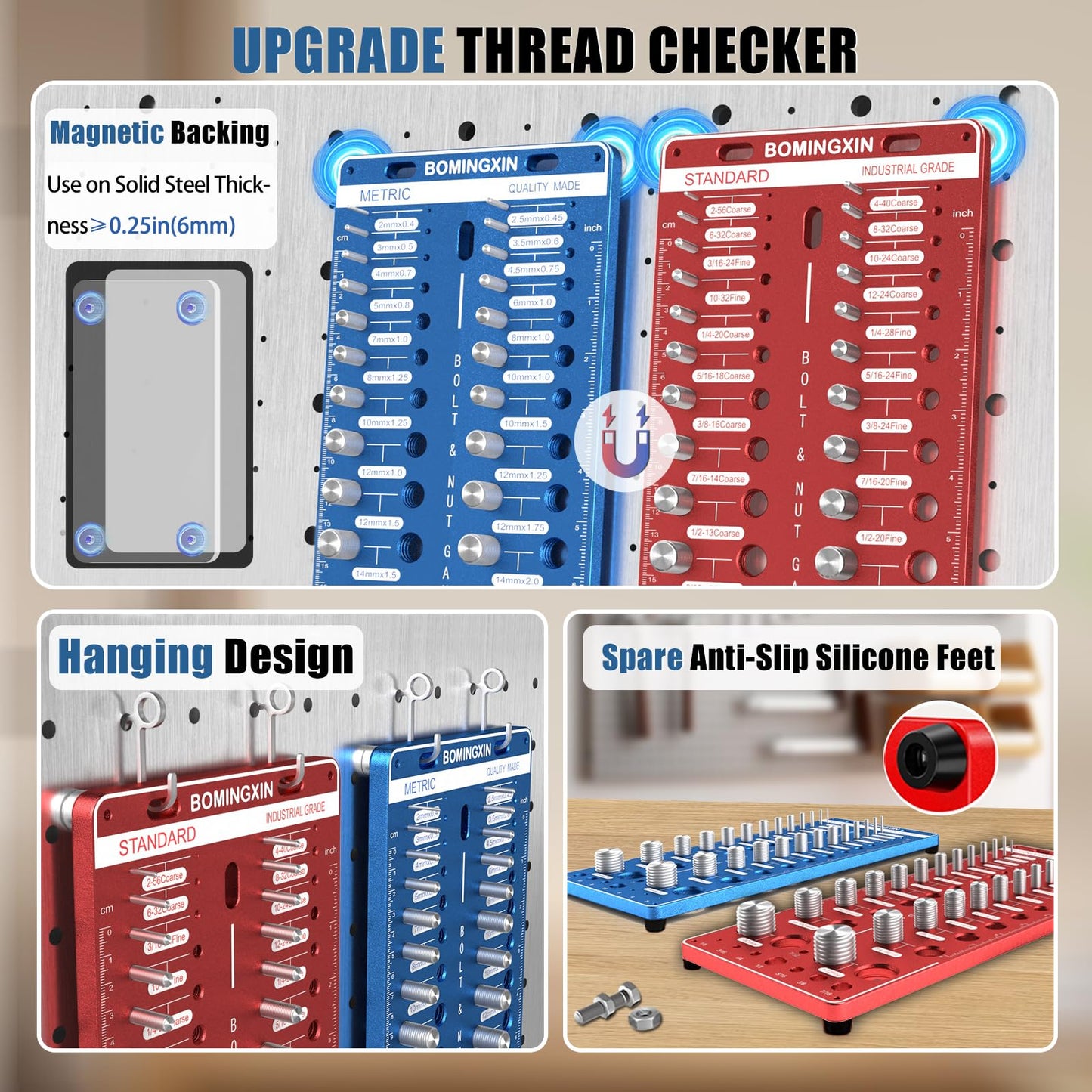Upgrade 70 Nut and Bolt Thread Checker with Magnetic Base & Anti-Slip Feet, Bolt Size and Thread Gauge with 26 Standard & 26Metric & 18 Drill Bit Gauge, Bolt and Nut ldentifier Gauge